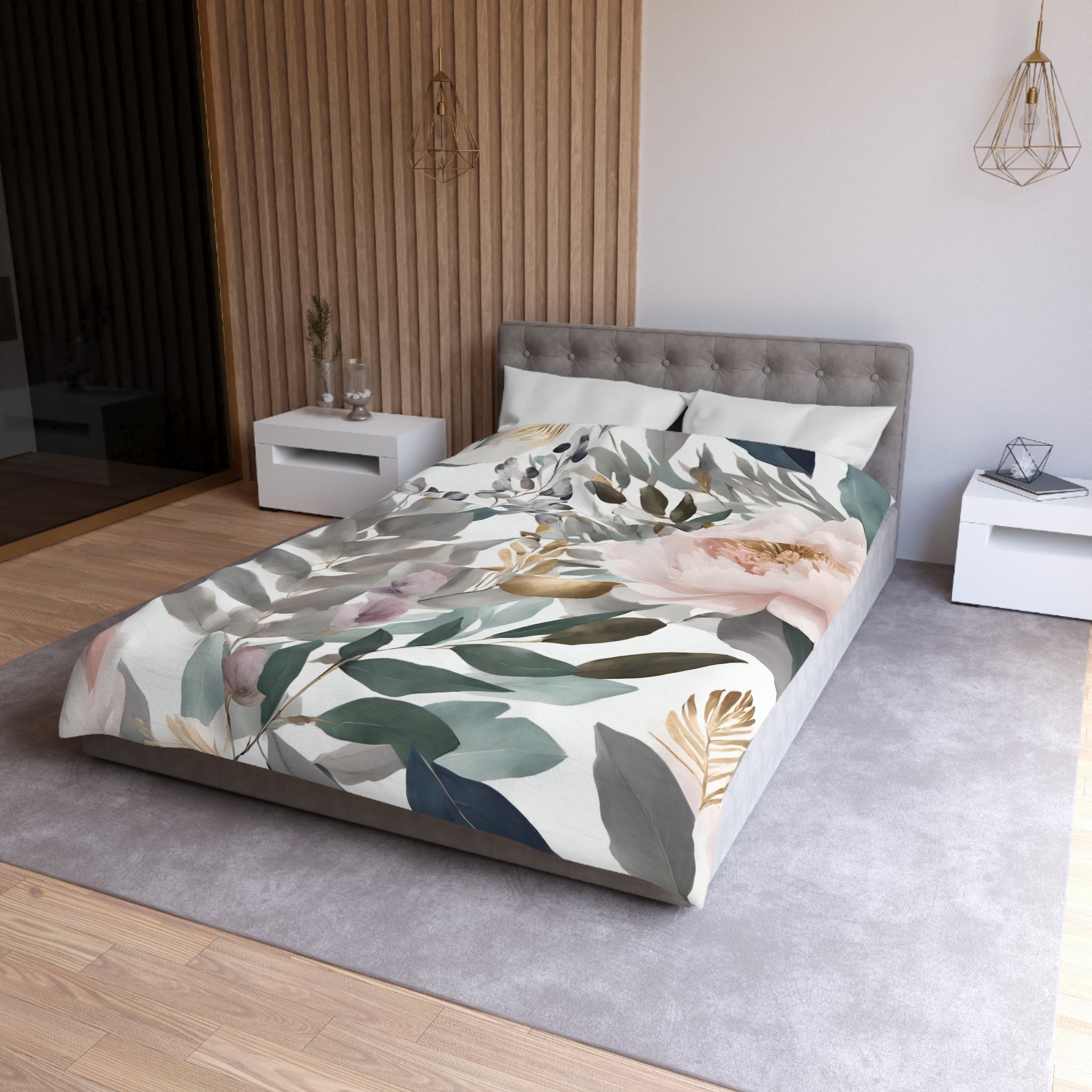 a modern bedroom with a large bed covered in a floral print comforter and pillows. The bed is positioned against a wall with a wooden panel design. The room also features a nightstand on the left side and a pendant light hanging above the bed.