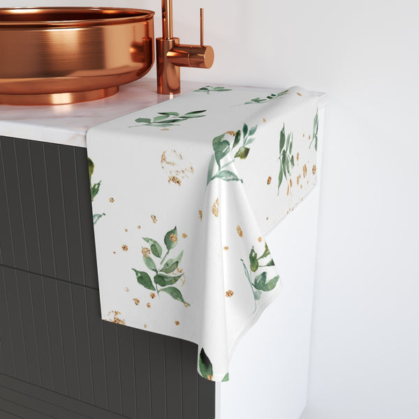 Floral Boho Kitchen, Bath Hand Towel | White Sage Green Leaves