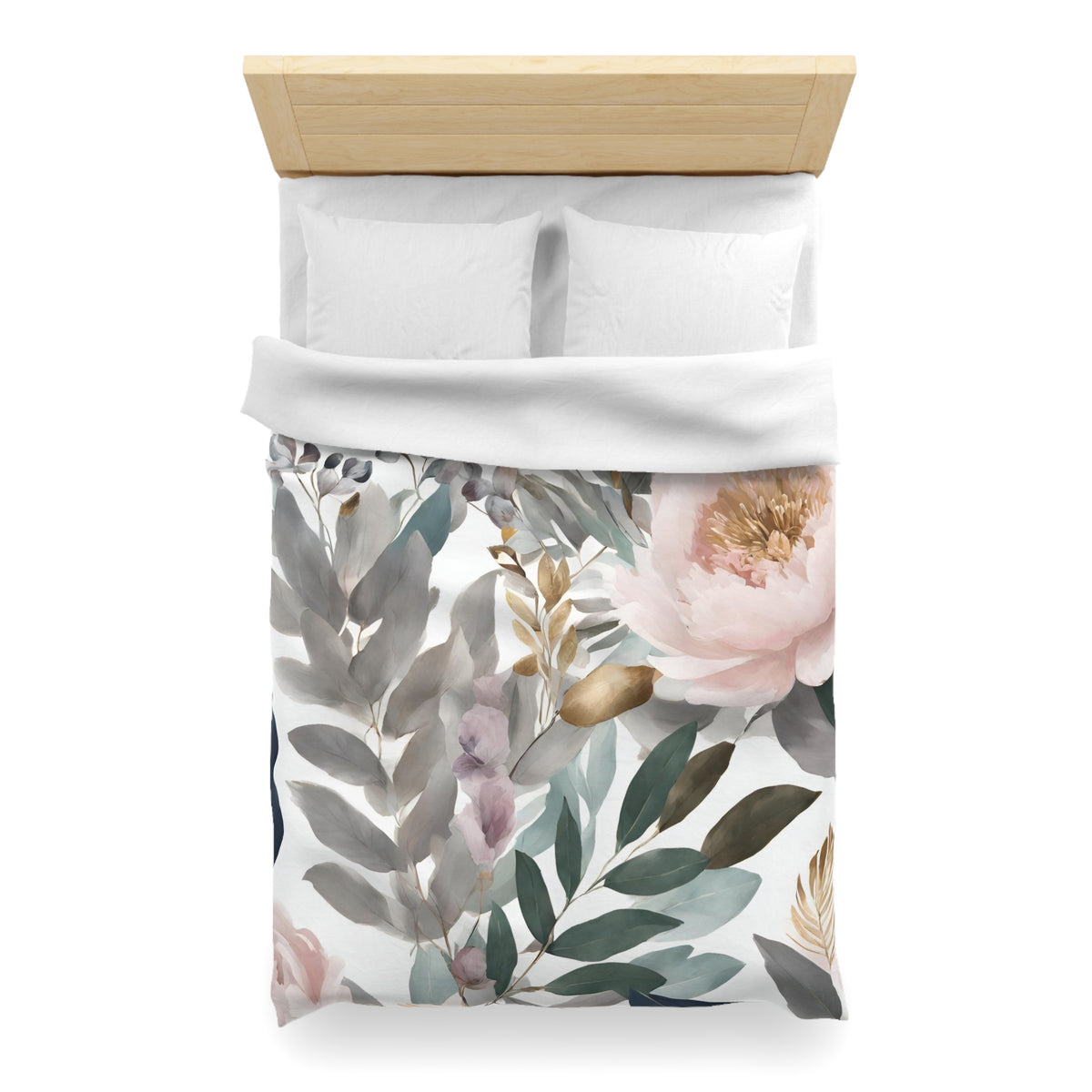 a bed with a floral print duvet cover featuring a combination of pink, green, and gray flowers and leaves.