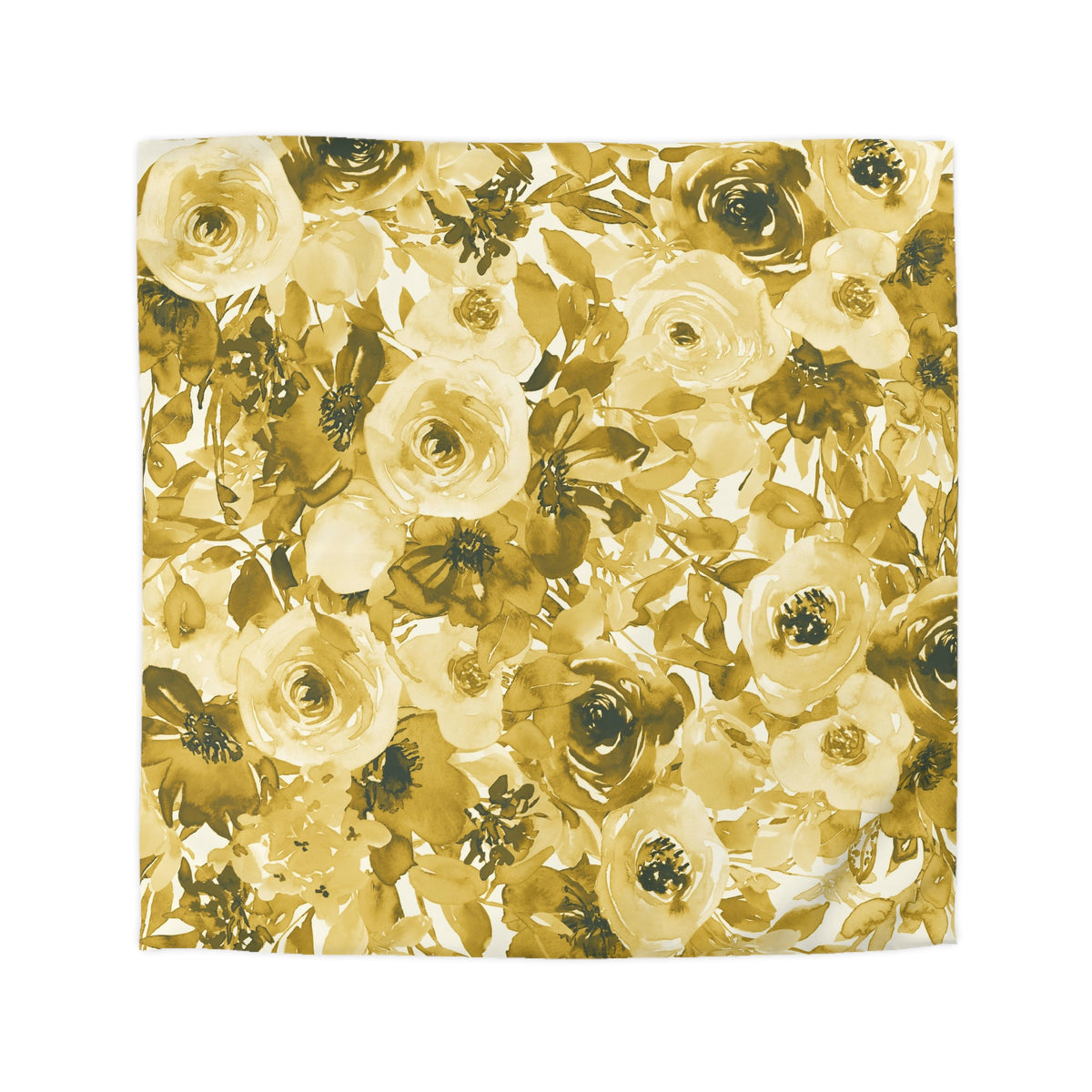 a square-shaped floral pattern with a variety of yellow and brown flowers, including roses and other blooms, arranged in a visually appealing manner.