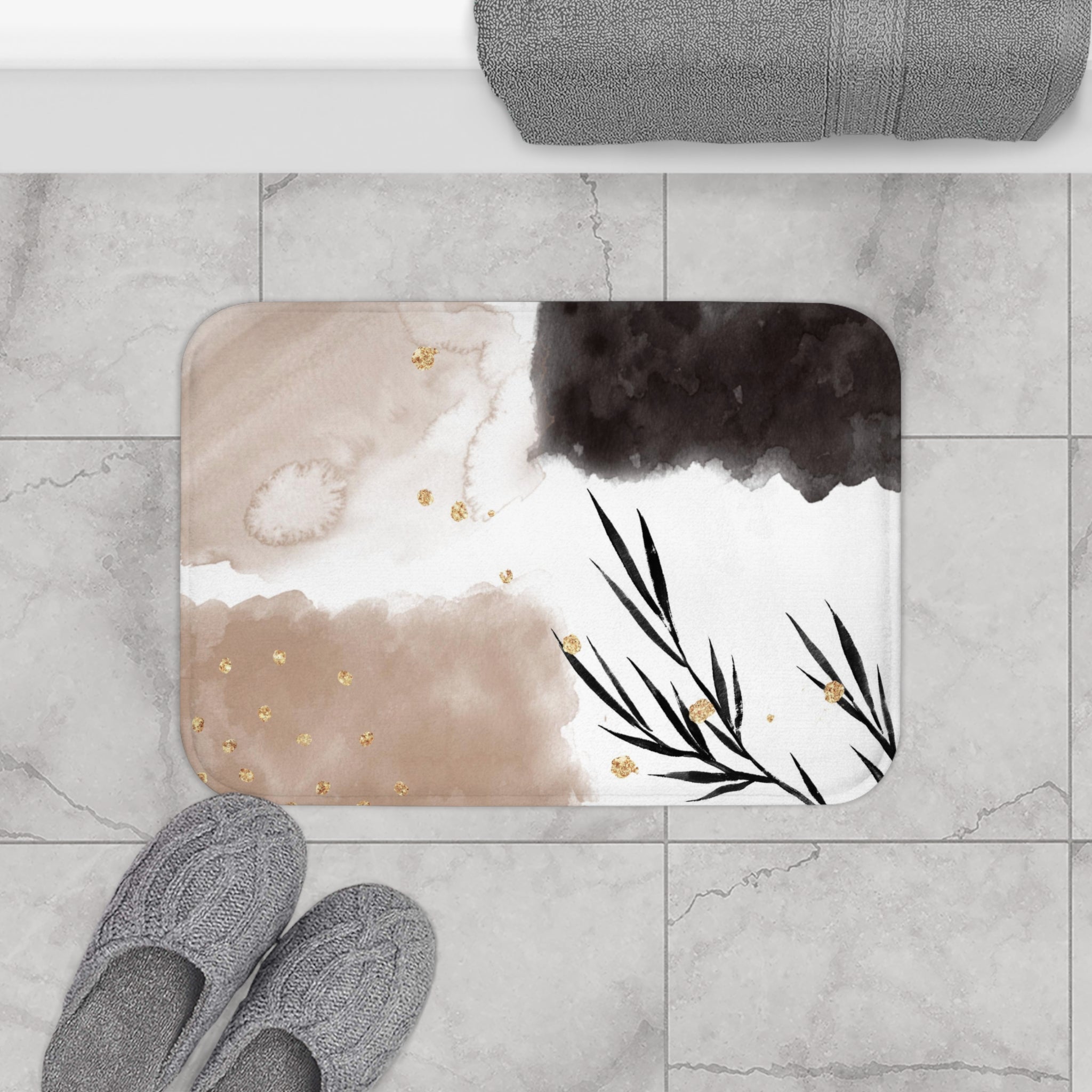 Abstract Bath, Kitchen Mat, Rug | Hygge Floral, Black Brown Beige