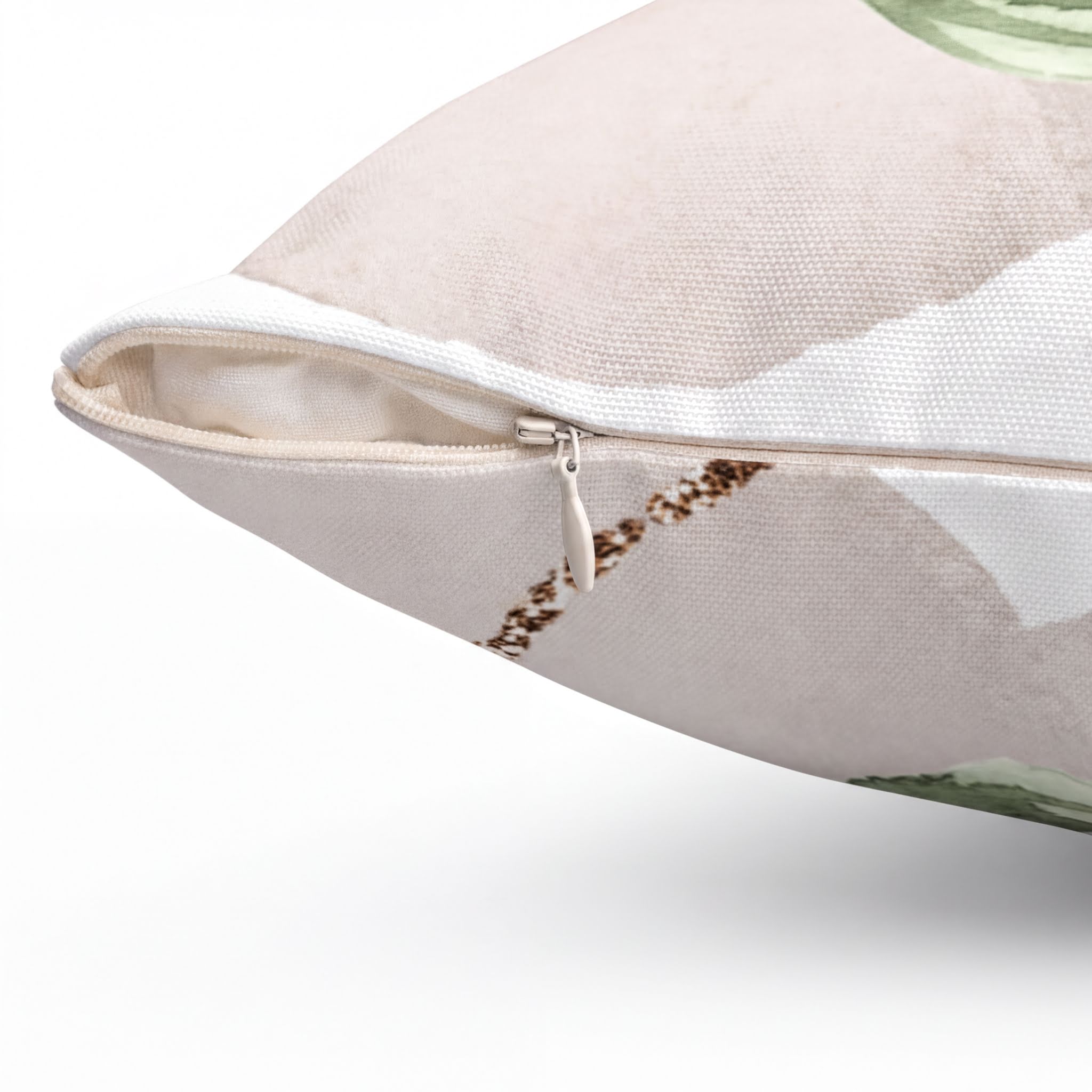 Beige and green leaves boho pillow cover, close-up of the fabric detail