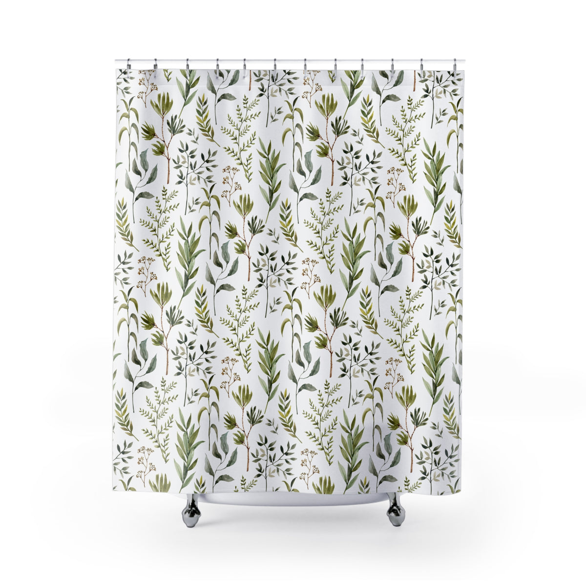 Green White Botanical Herb Shower Curtain, Bath Curtain 71x74