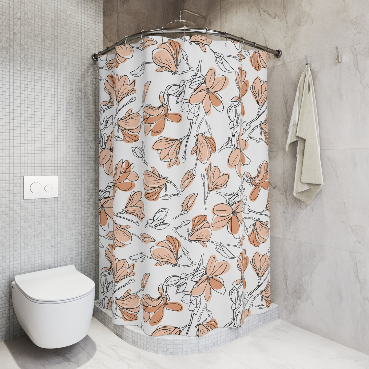 a bathroom with a shower curtain adorned with a floral pattern in shades of orange and white. The shower curtain is hanging on a rod next to a towel, and the bathroom has a white toilet and a tiled wall.