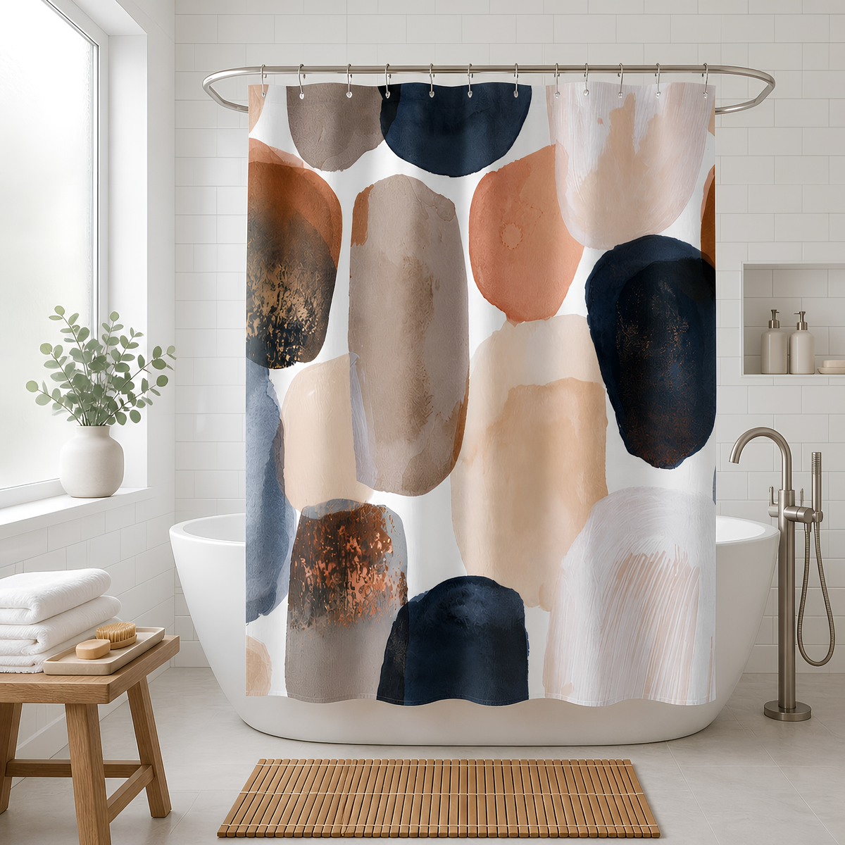 a bathroom with a white bathtub, a wooden stool, and a potted plant. The shower curtain has a colorful abstract design with various shades of brown, orange, and black.