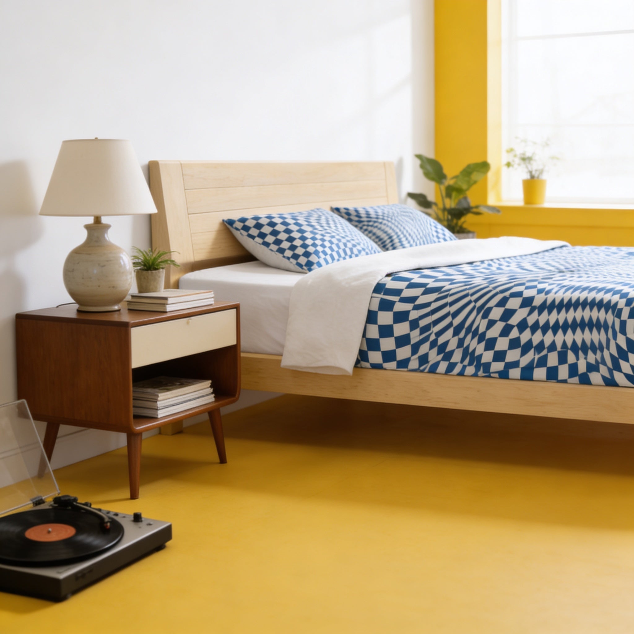 a bedroom with a bed, nightstand, and a record player on the floor. The room has a yellow floor and white walls, creating a bright and cheerful atmosphere.