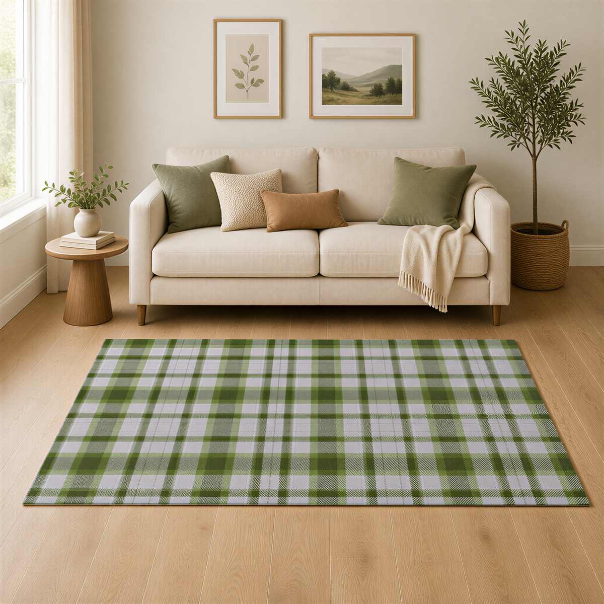A cozy living room with a beige sofa, a large green and white plaid area rug, and two framed landscape paintings on the wall.