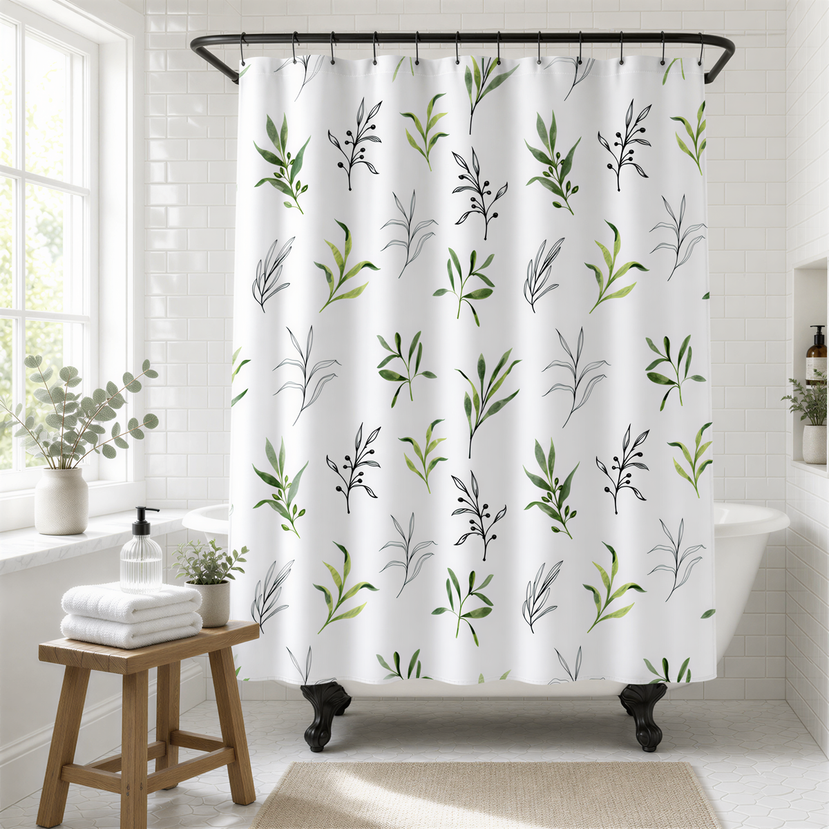 a bathroom with a white shower curtain featuring a repeating pattern of green leaves and black branches. The shower curtain is hanging from a rod, and there is a wooden stool and a small plant in the foreground.