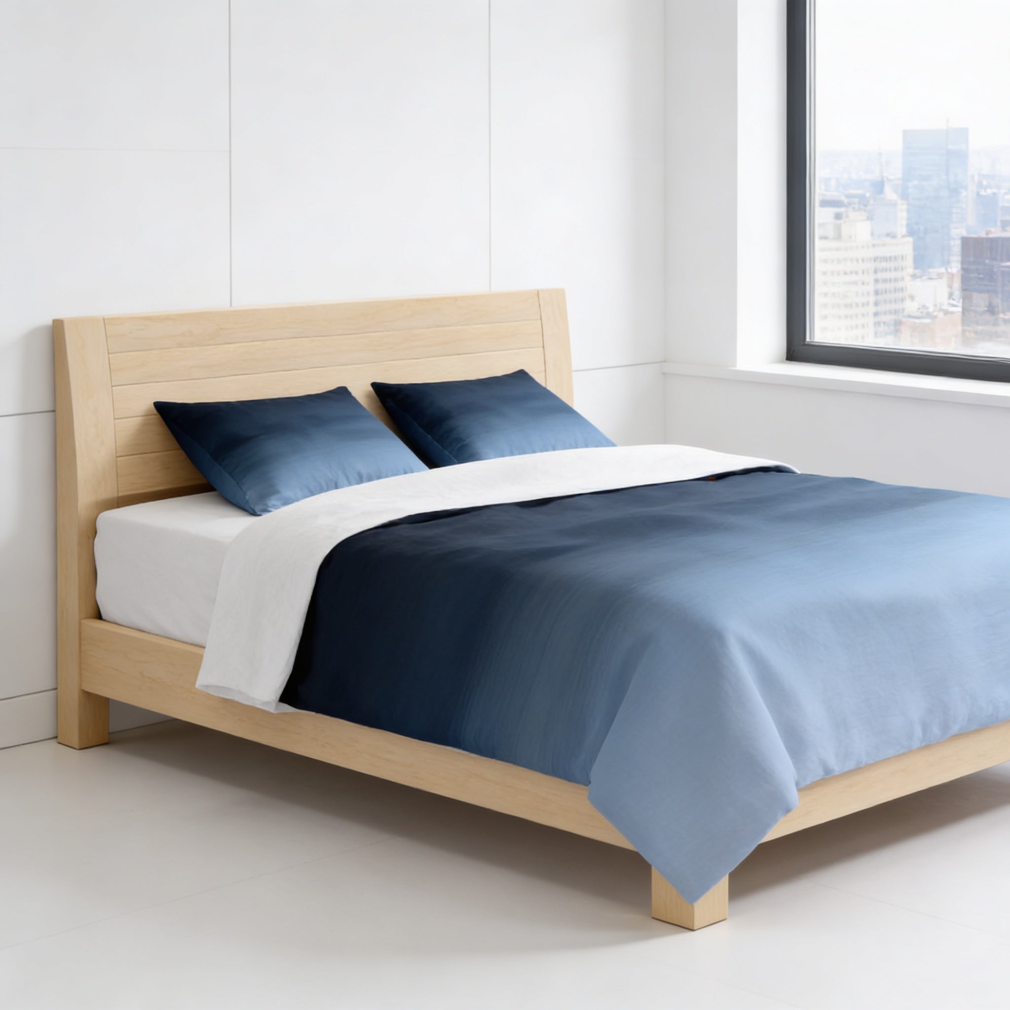 A modern bedroom with a wooden bed frame and a blue and white bedding set. The bed is positioned against a white wall, and there is a large window that provides a view of a city skyline.