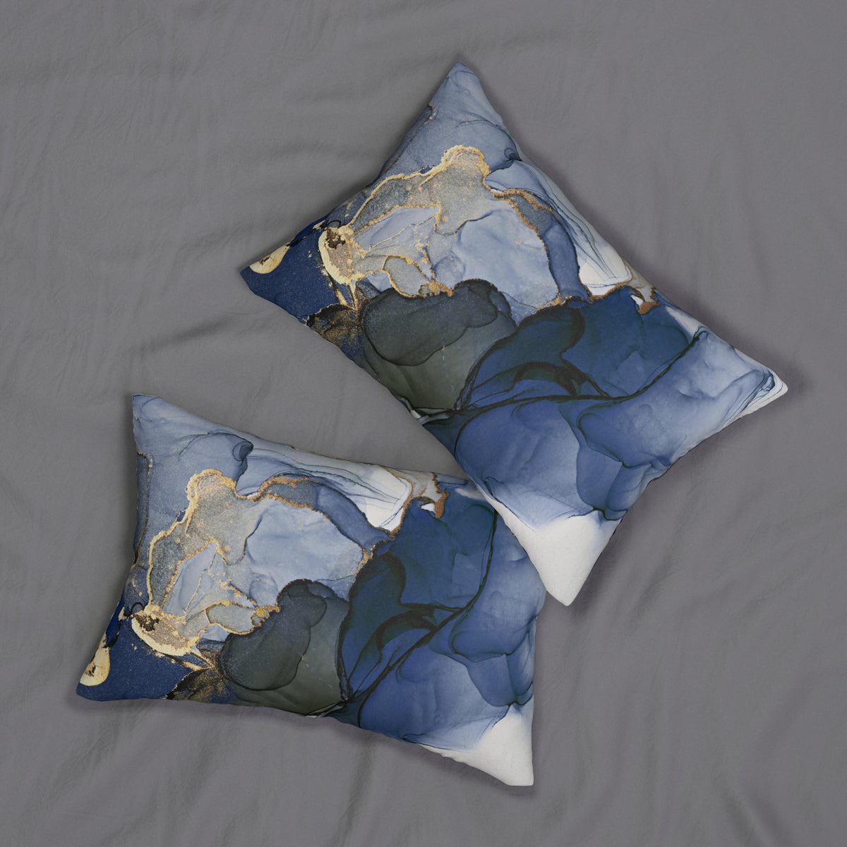 Navy Blue Muted Gold Alcohol Ink Lumbar Pillow