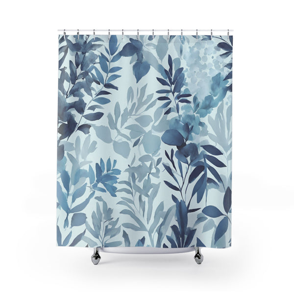 Boho Shower Curtain | Floral Pale Navy Blue, Eucalyptus Leaves