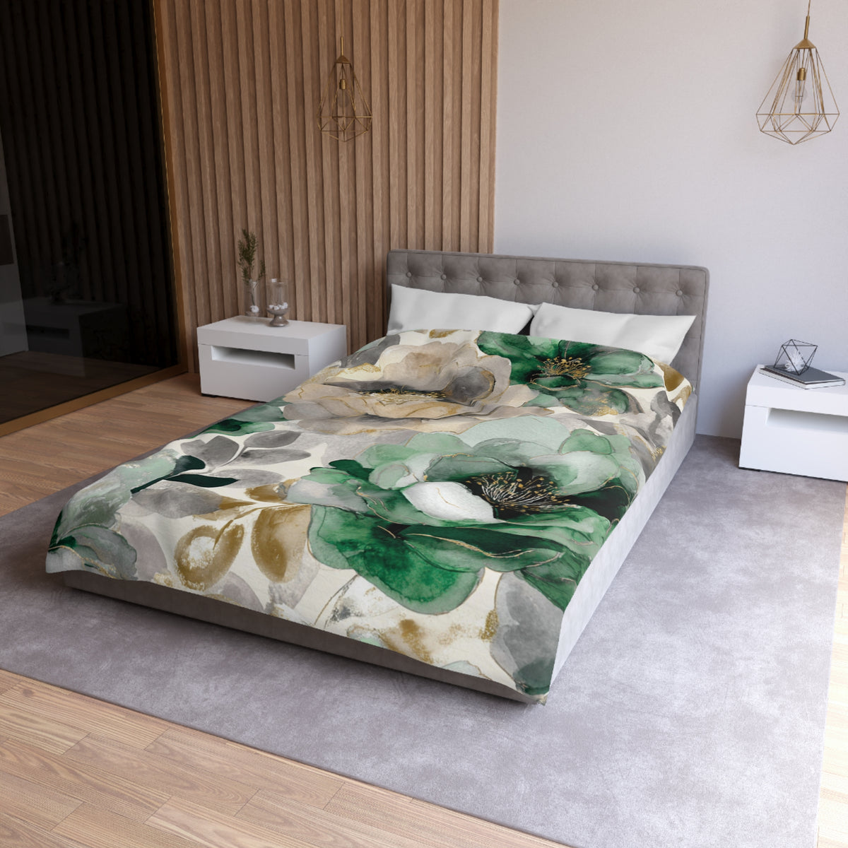 a modern bedroom with a large bed covered in a green and white floral print duvet cover. The bed is positioned against a wall with a wooden panel design. The room also includes white nightstands and a gray area rug, creating a cohesive and stylish interior design.