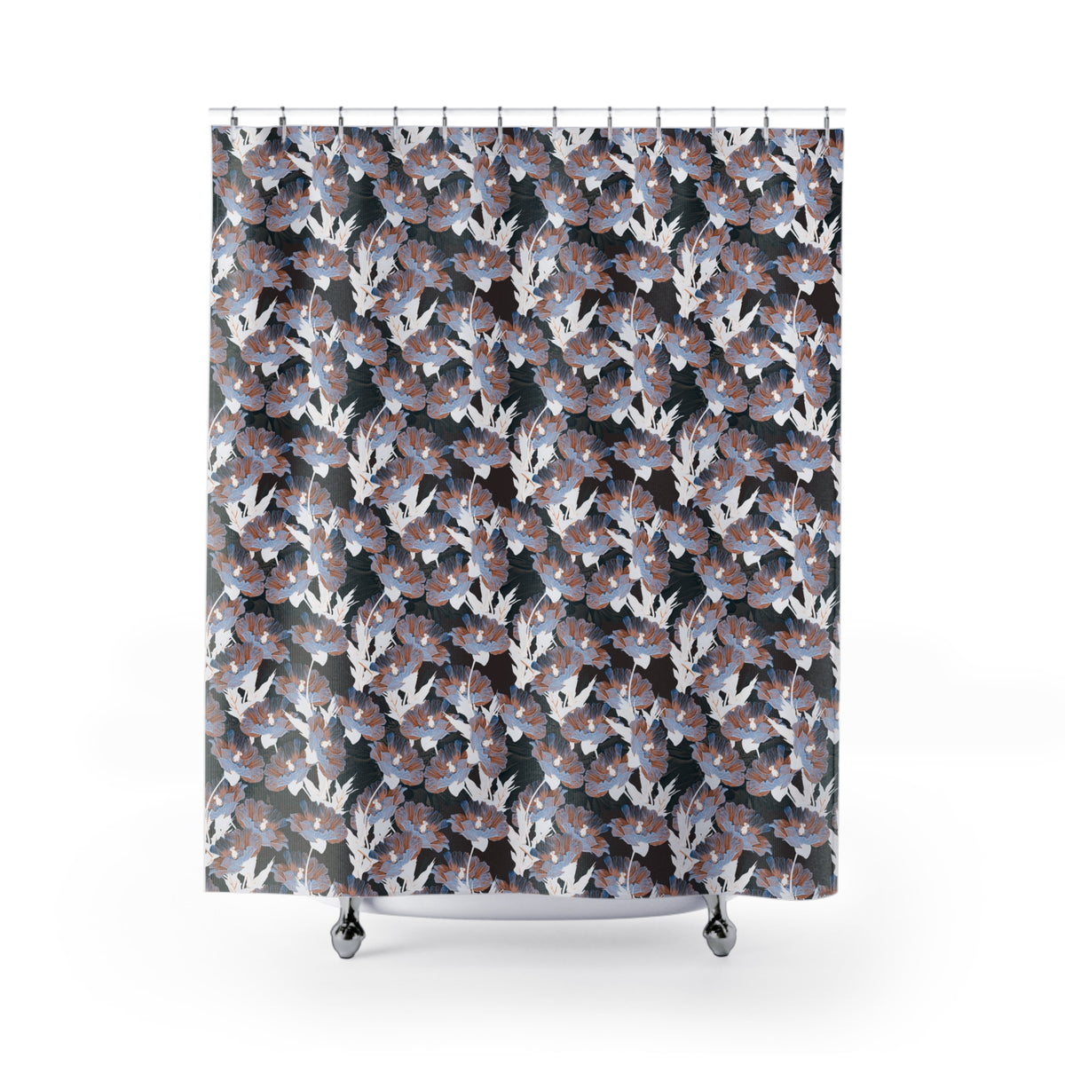 a square shower curtain with a repeating pattern of blue and white flowers or leaves.