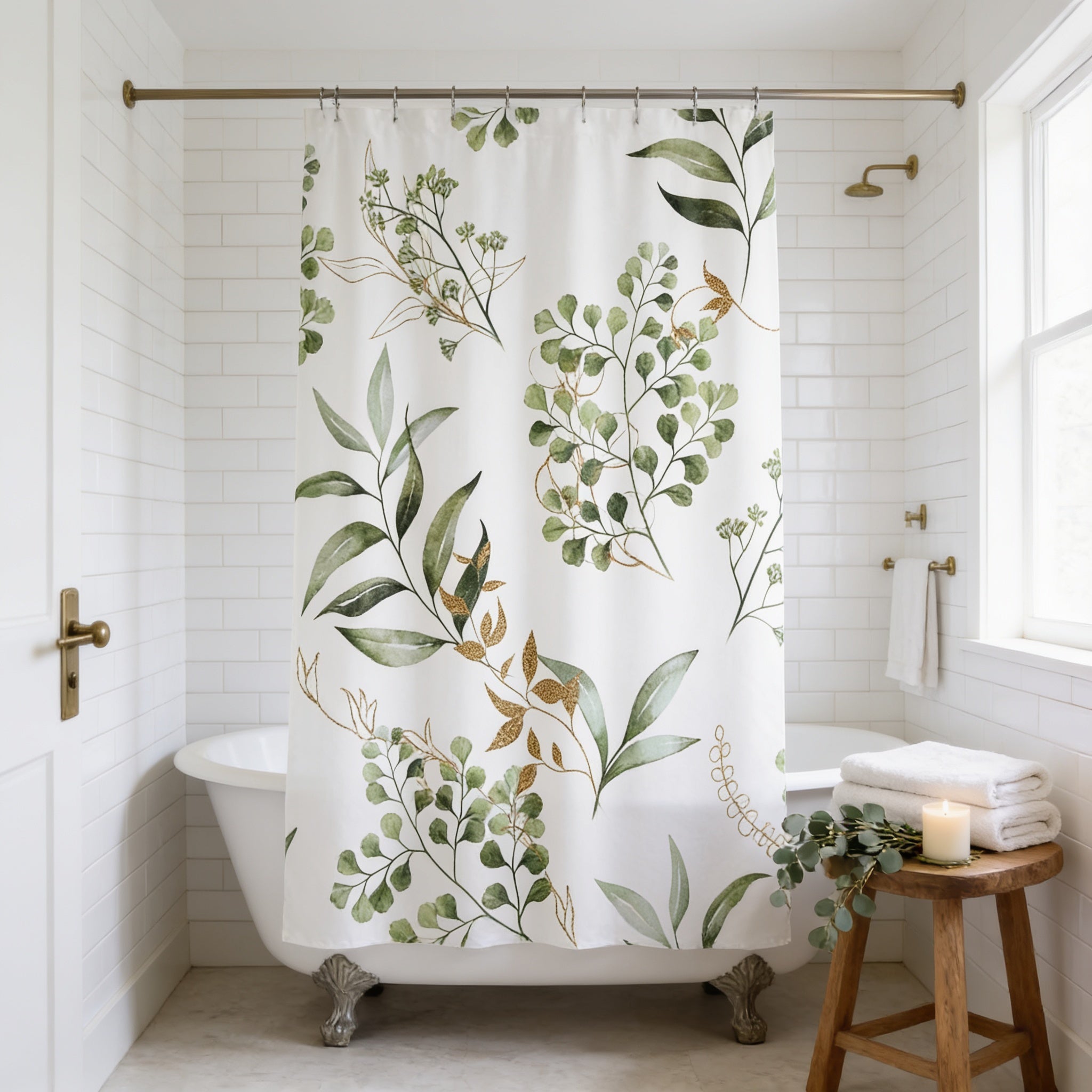 a bathroom with a white bathtub, a shower curtain with a green leaf pattern, and a wooden stool with a candle on it.