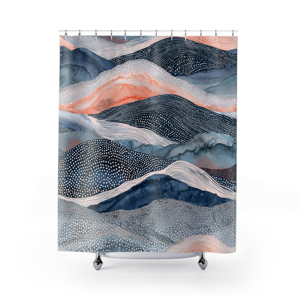 a vibrant abstract pattern of mountains and hills, with a mix of blue, orange, and white colors. The pattern appears to be a watercolor painting, and the design is visually striking and dynamic.