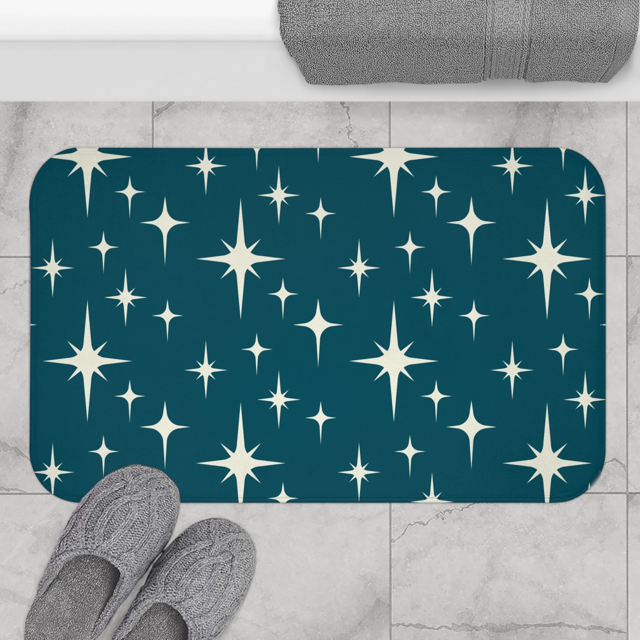 Mid Century Bath Mat | Teal Blue, Ivory Stars