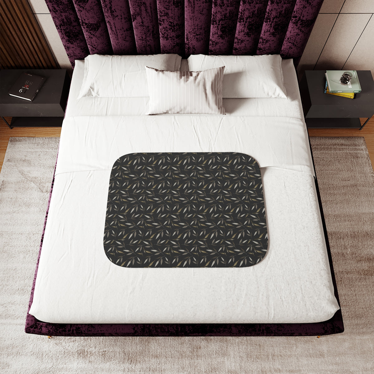 Black Beige Willow Leaf Sherpa Blanket | Moody Botanical Throw