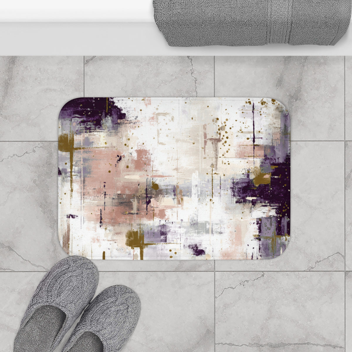 Plum Blush Brushstroke Abstract Bath Mat, Modern Bathroom Rug