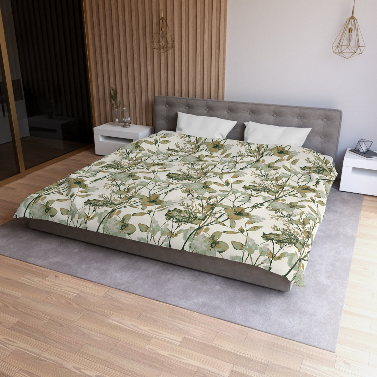 a modern bedroom with a large bed covered in a floral print comforter. The bed is positioned against a wall with a wooden paneling. The room also features a nightstand, a pendant light, and a mirror.