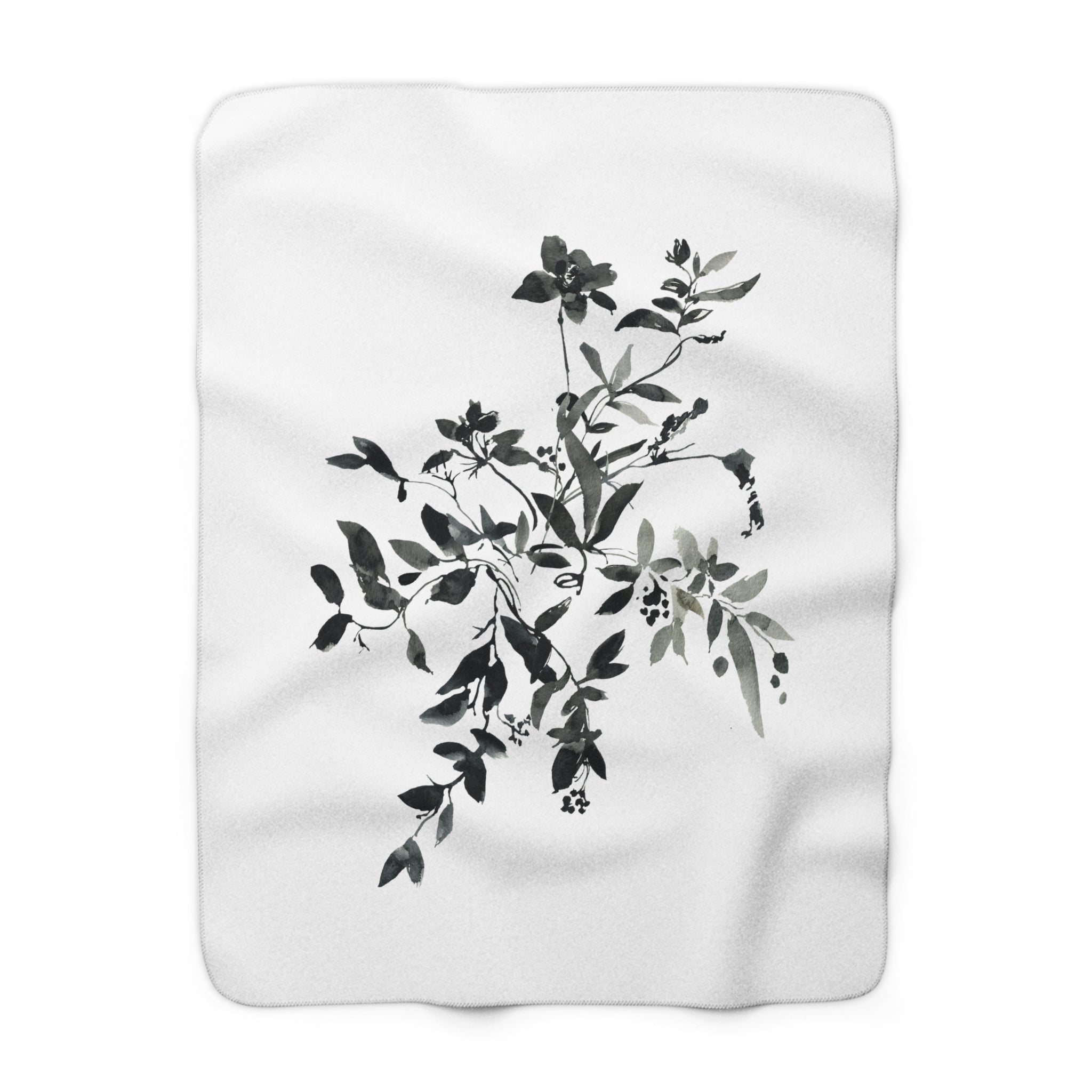 Black and White Floral Throw Blanket | Wildflowers Leaves, Watercolor