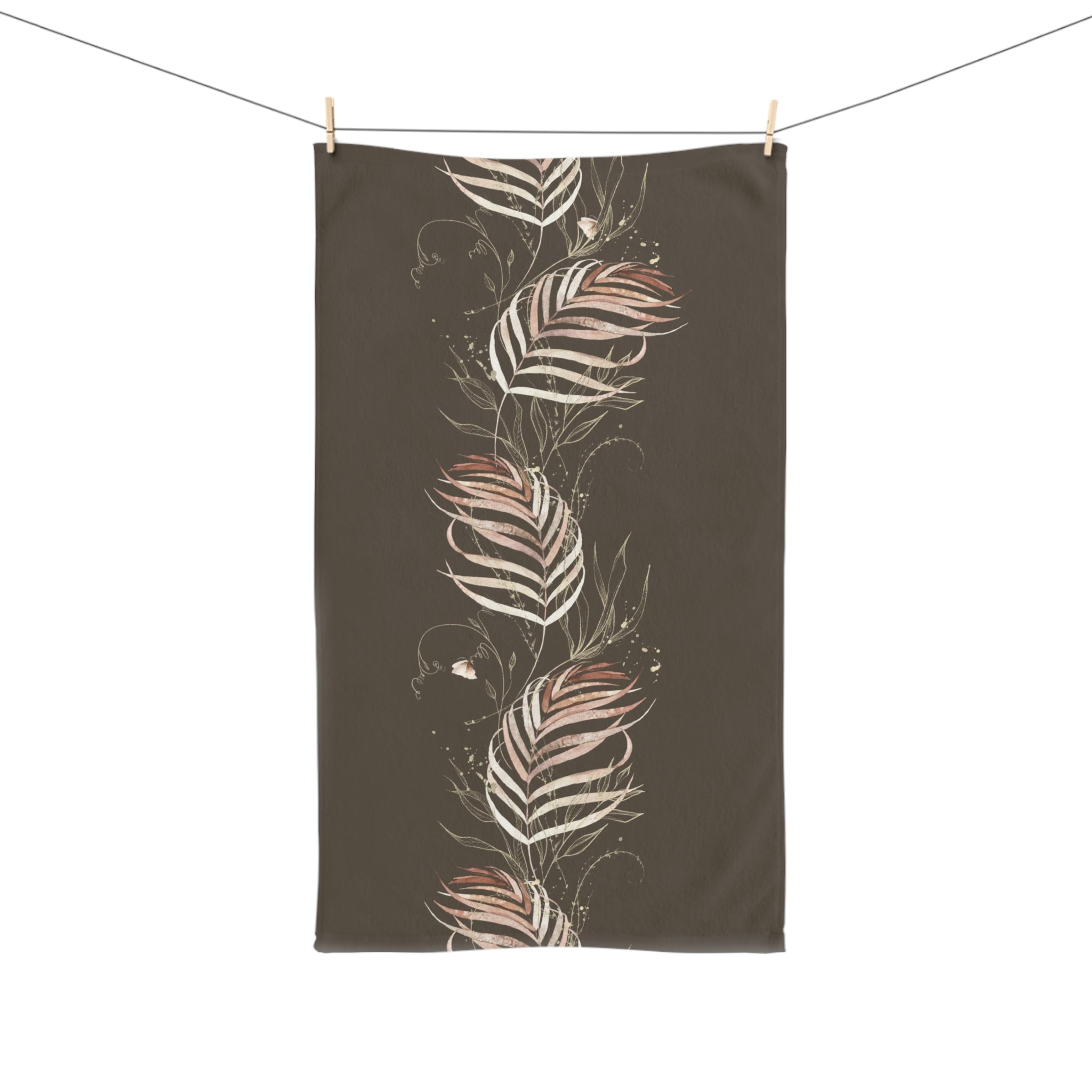 Floral Boho Kitchen, Bath Hand Towel | Jungle Dark Brown Beige Gold Leaves