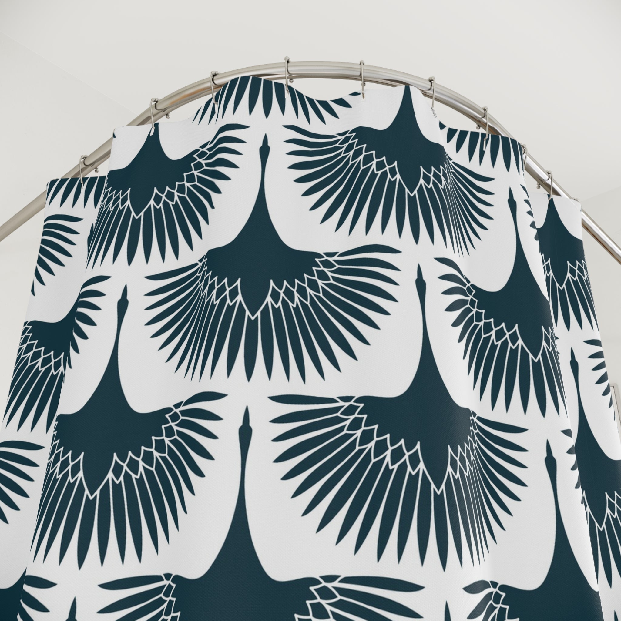 Art Nouveau Shower Curtain | Japanese Crane, Navy Blue White Cranes