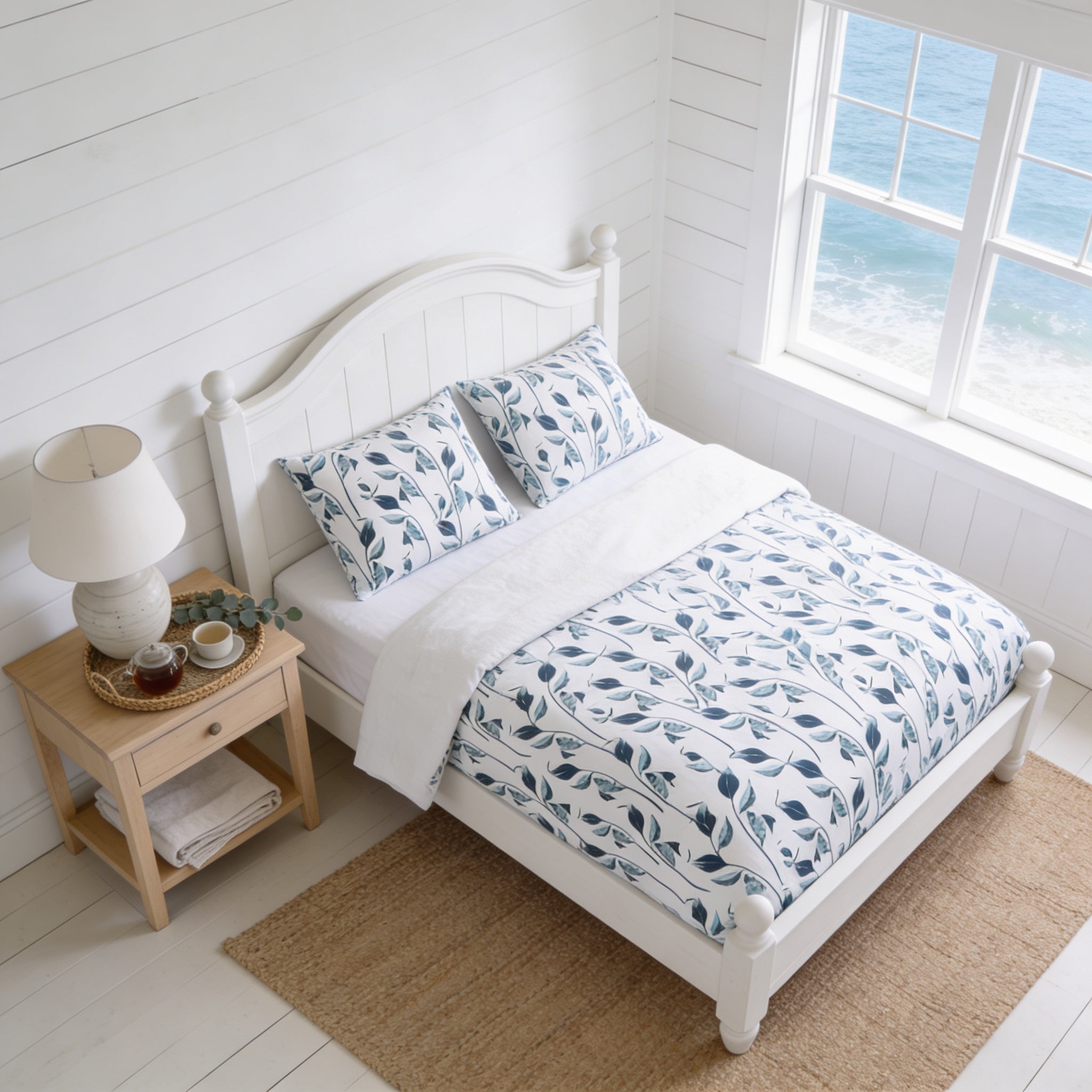 a serene bedroom scene with a white bed, a nightstand, and a window overlooking the ocean.