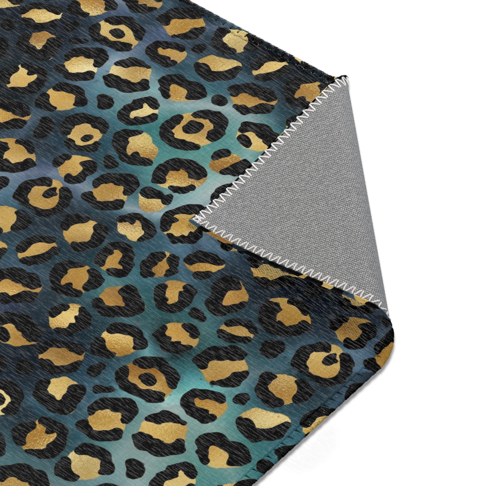 Large Area Rug | Teal Navy Blue Black, Beige Leopard Animal Print