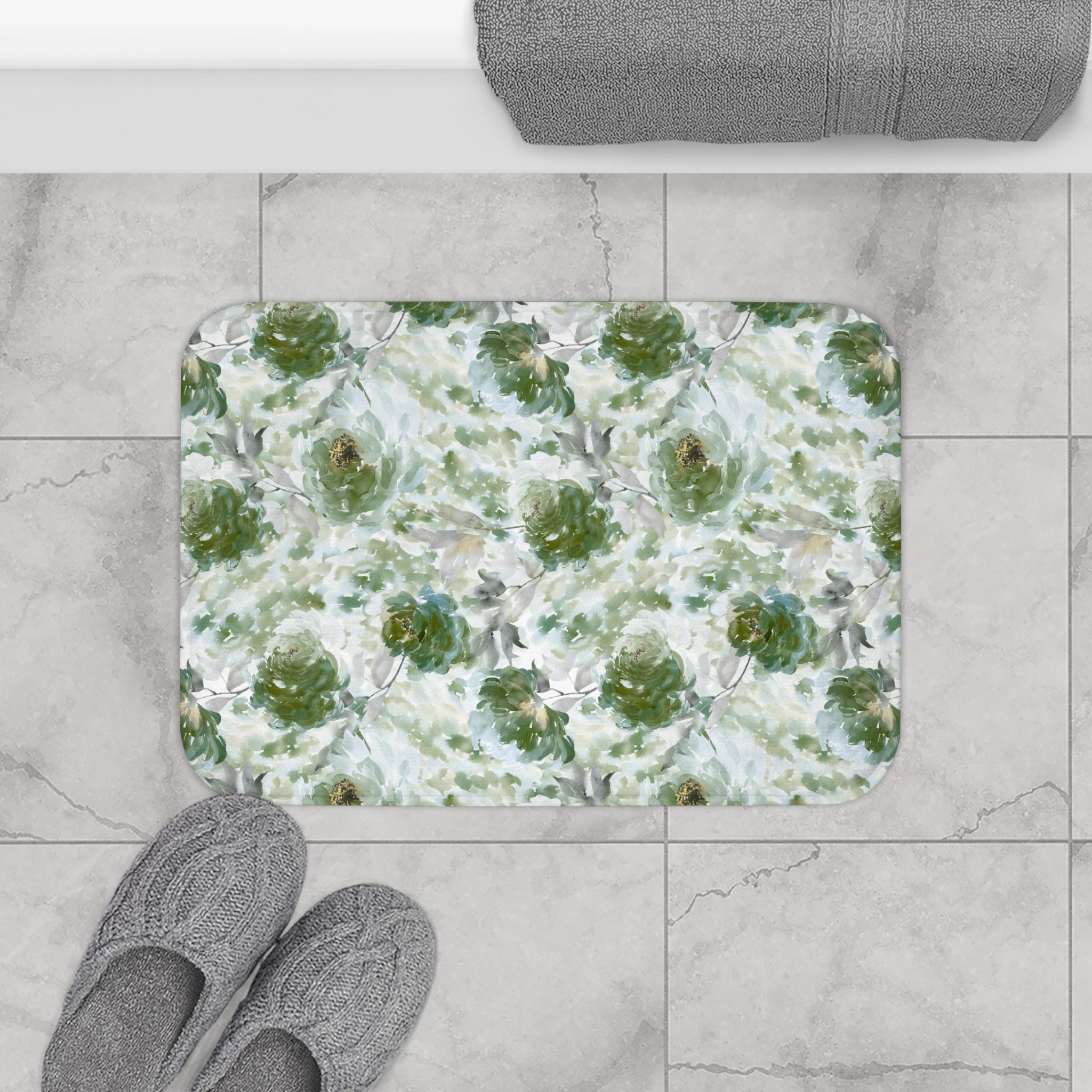 Floral Bath Mat | Green Roses Kitchen Mat