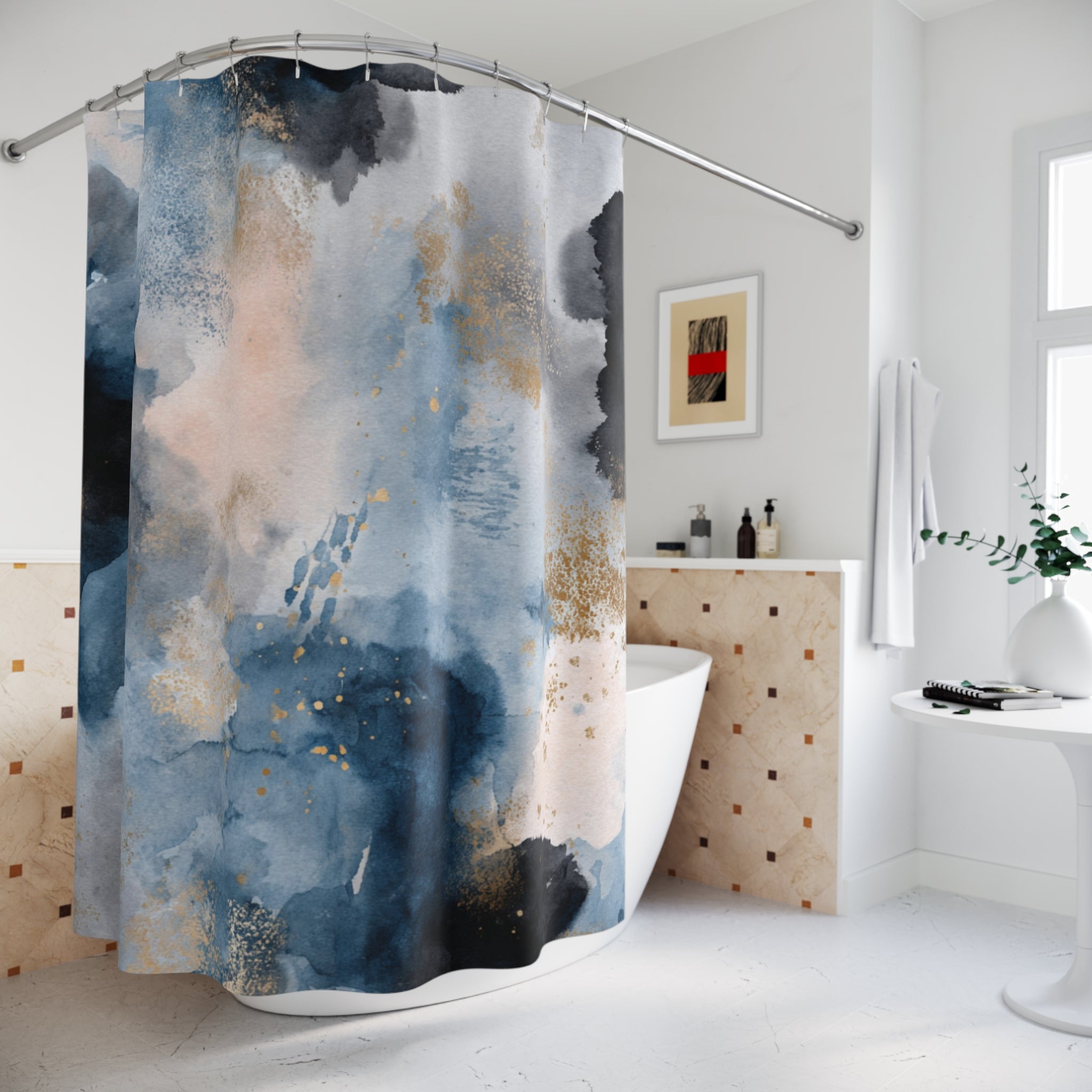 Blue Boho Shower Curtain, Bath Mat | Blush Watercolor Bathroom Set