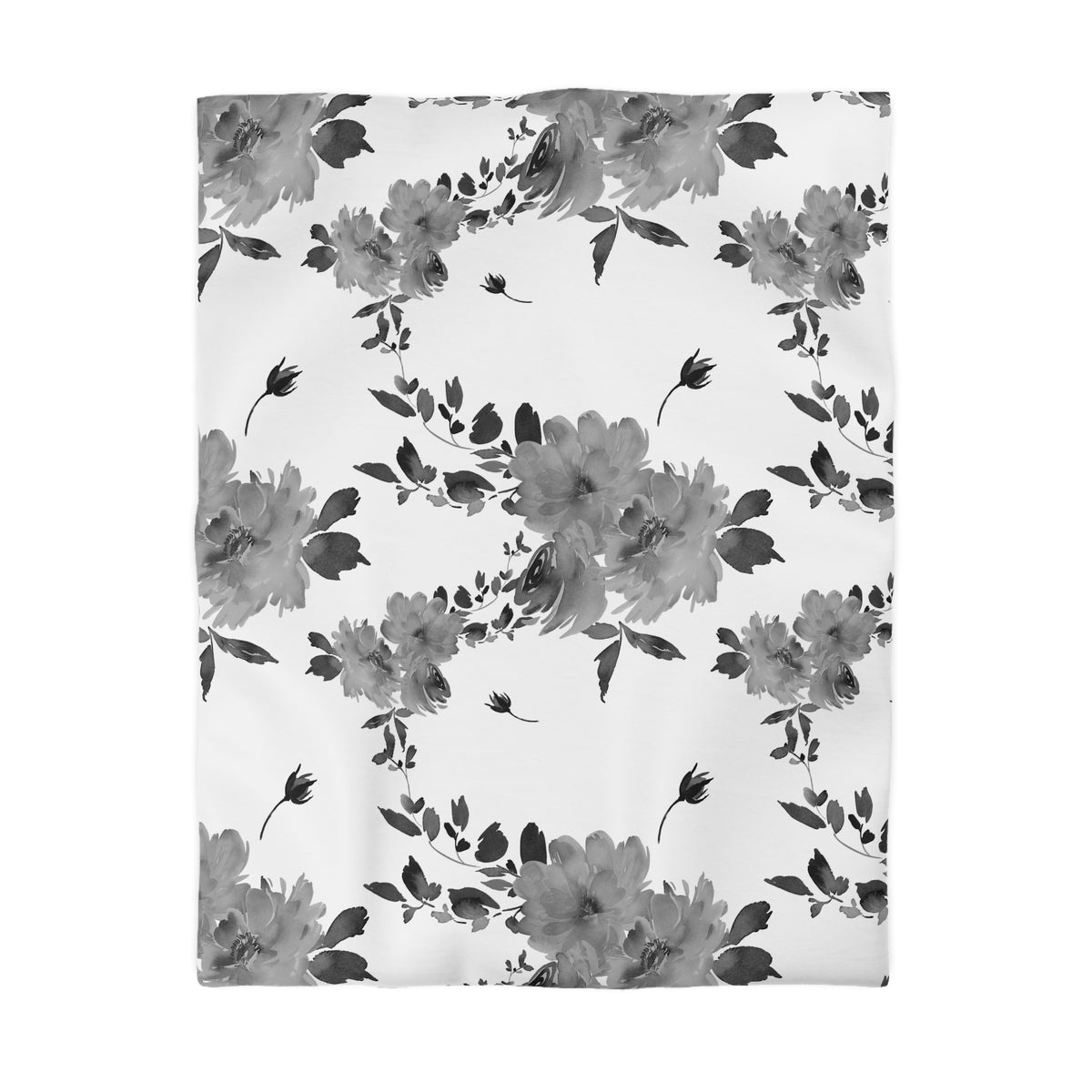 a repeating pattern of black and white flowers and leaves on a white background.