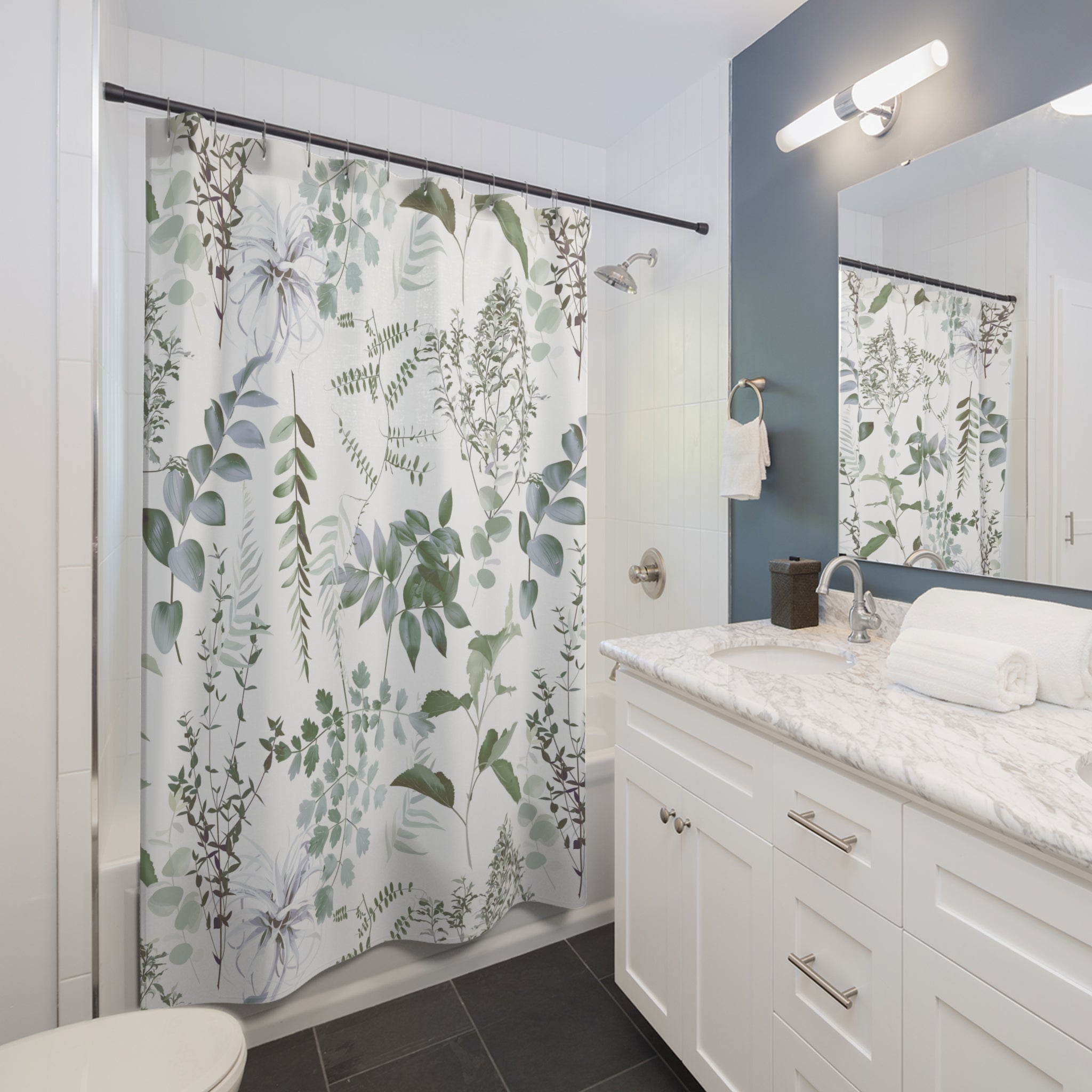 Sage Green Fern Shower Curtain | Minimalist Eucalyptus Botanical Bathroom Decor