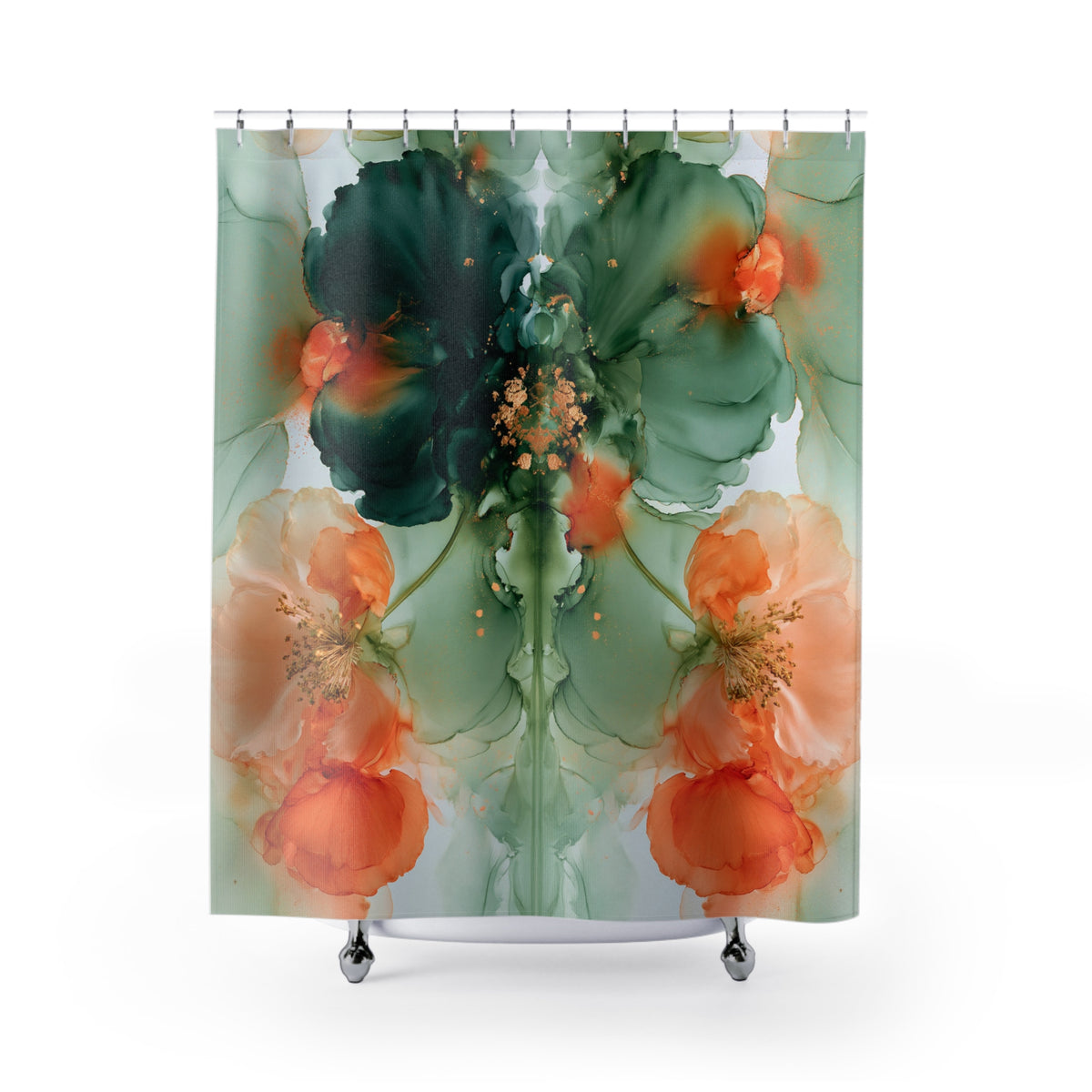 a vibrant and colorful abstract floral design, with a mix of green and orange flowers and leaves. The design appears to be a creative and artistic representation of nature, with the flowers and leaves appearing to be in motion or overlapping, creating a dynamic and visually striking composition.