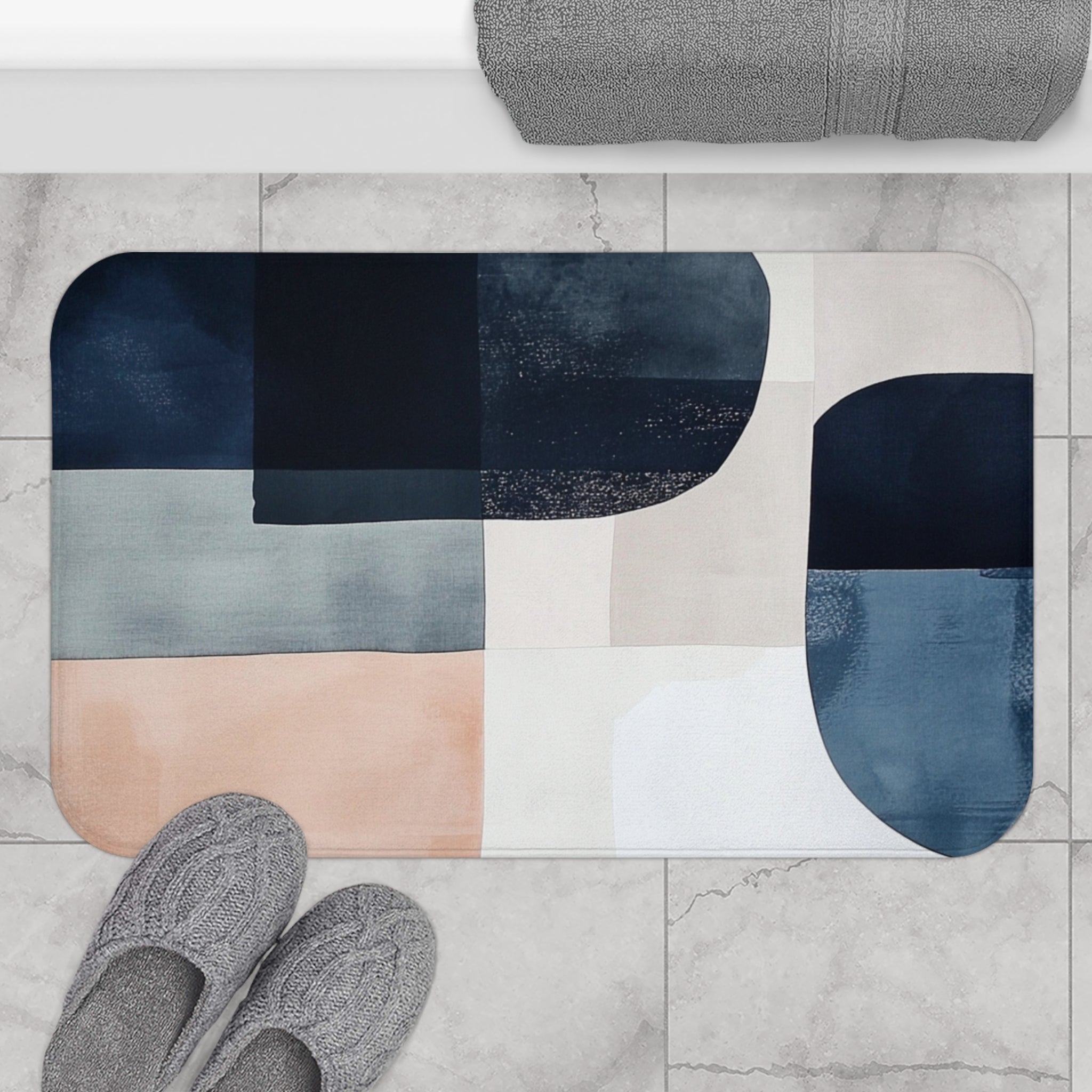Abstract Bath Mat | Navy Blue, Blush Beige White Kitchen Mat