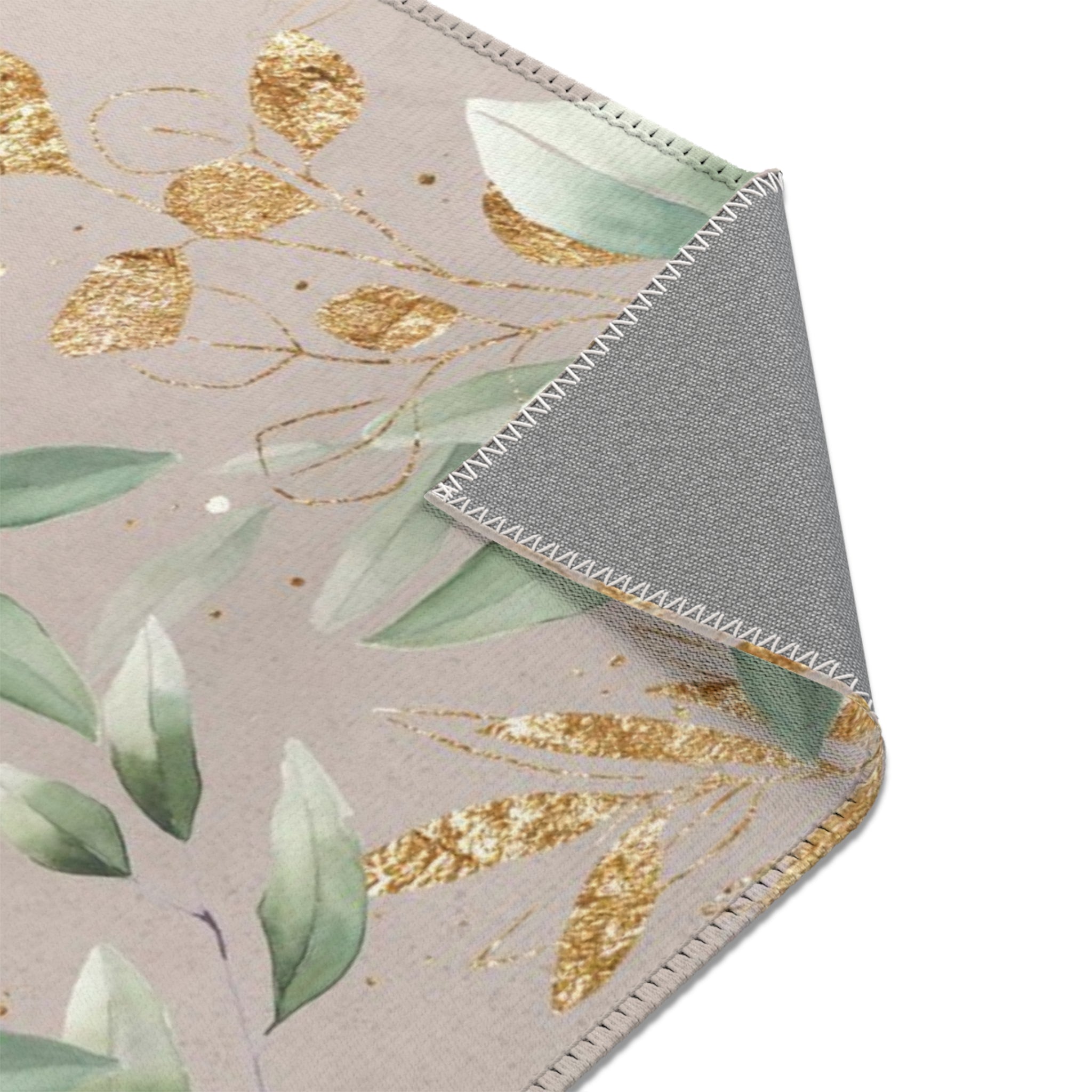 Floral Area Rug | Beige Sage Green Leaves, Gold Watercolor