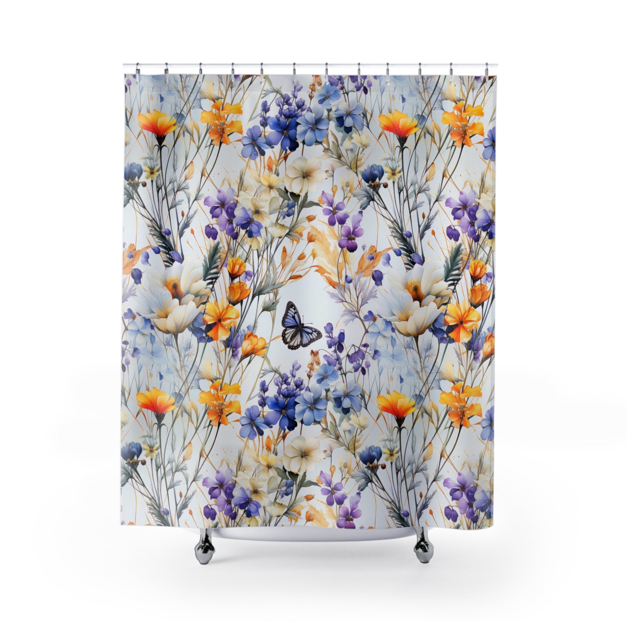 Floral Shower Curtain | Botanical Garden Butterfly Fabric Curtain