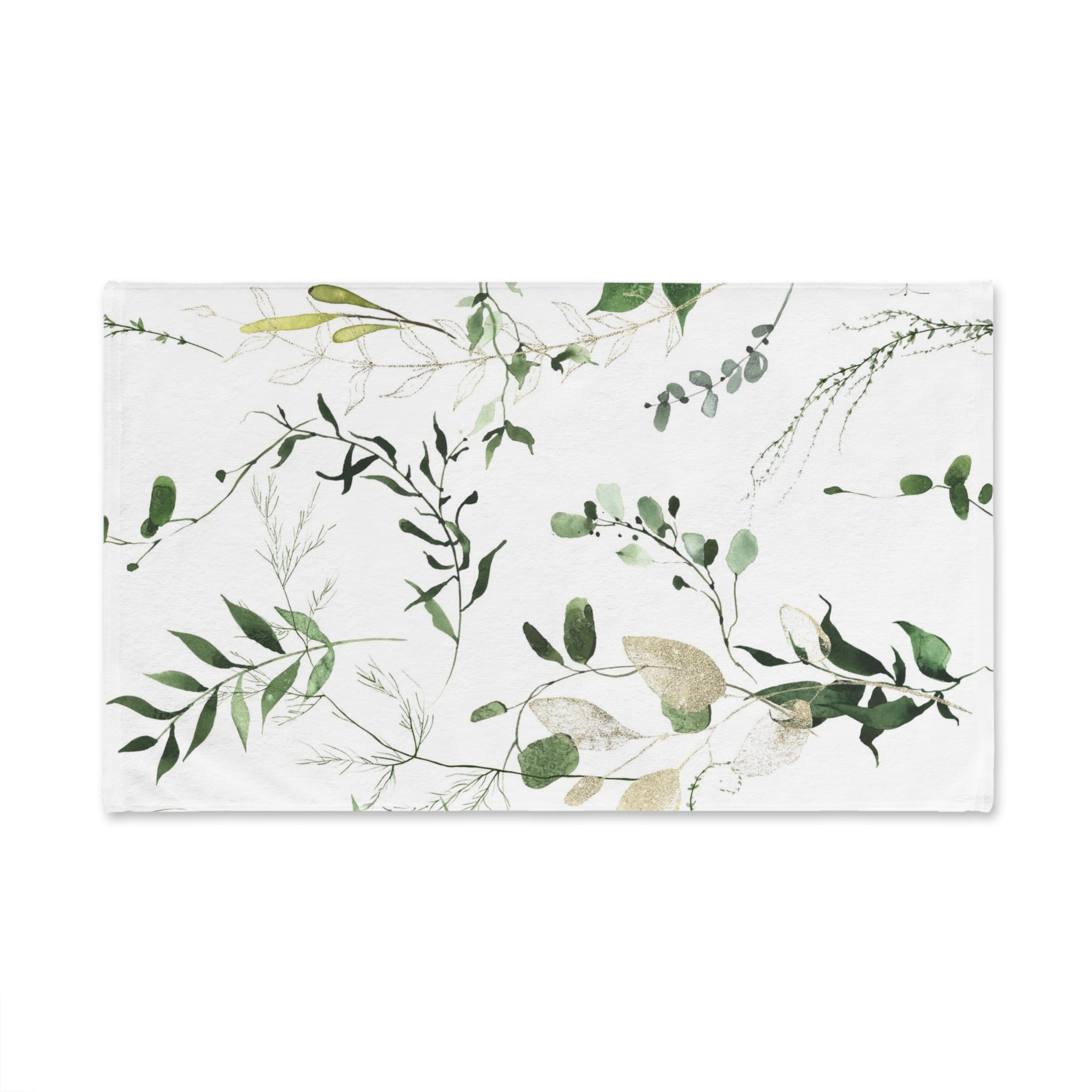 Floral Boho Kitchen, Bath Hand Towel | Watercolor White Forest Green Leaves