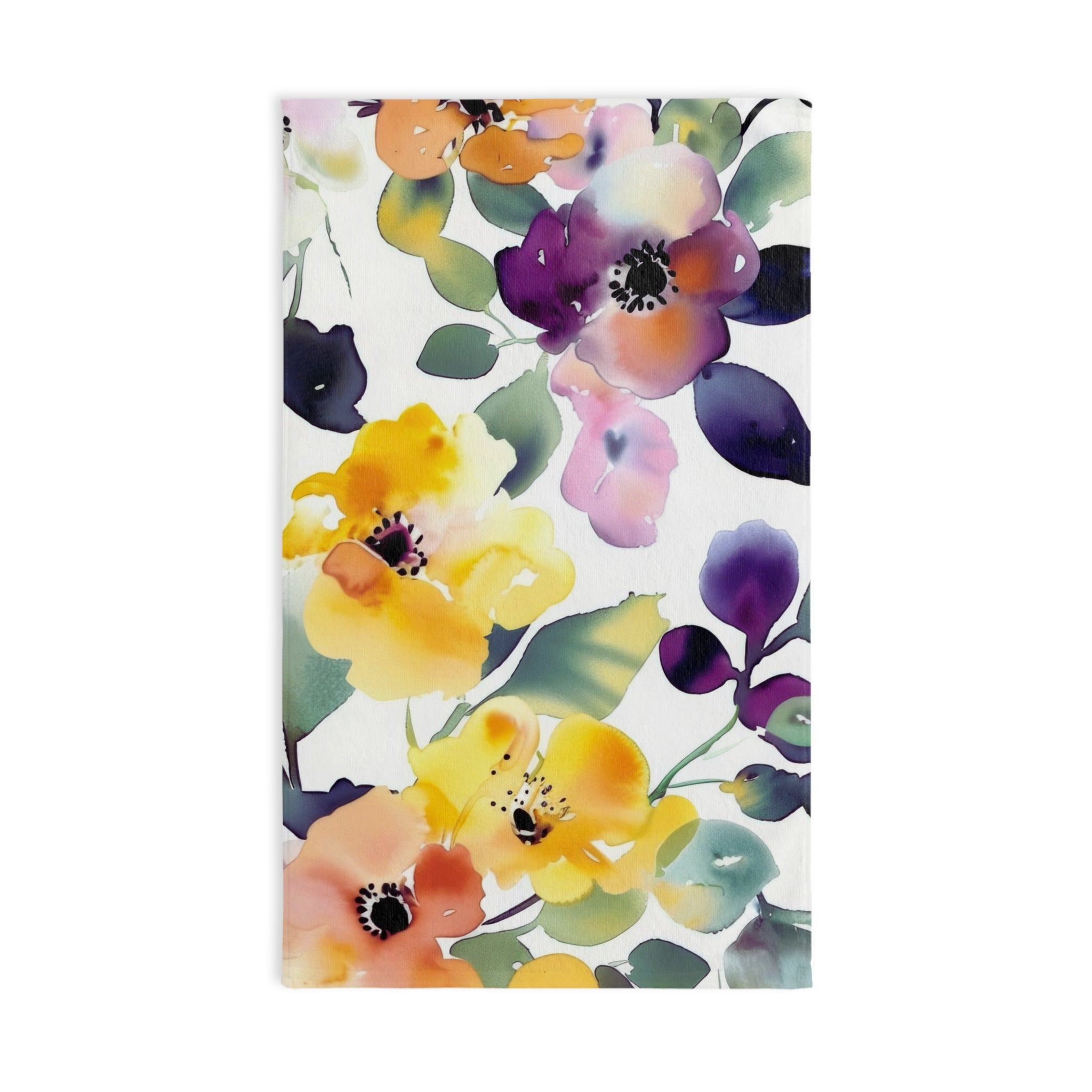 Floral Kitchen, Bath Hand Towel | Botanical Yellow Purple, Green Watercolor