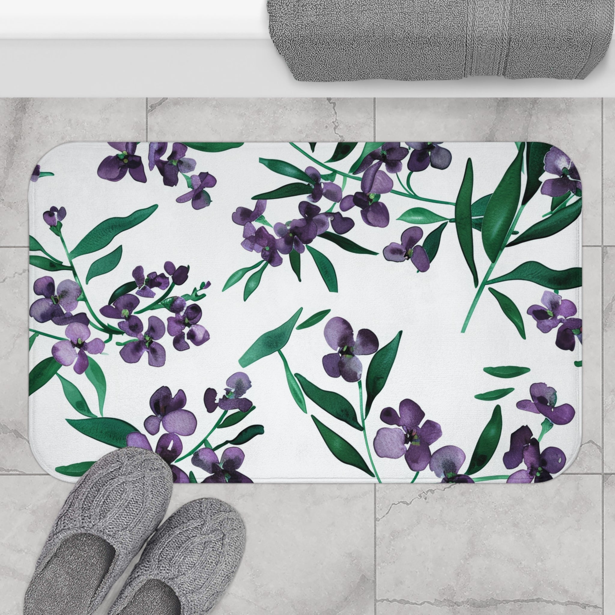 Floral Bath, Kitchen Mat | Botanical White Purple, Green Watercolor