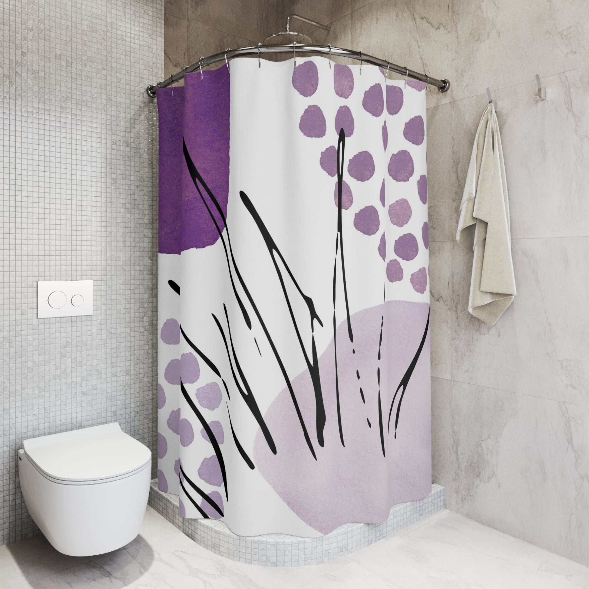 Boho Shower Curtain | Abstract Art White Lavender Purple Black Minimalist