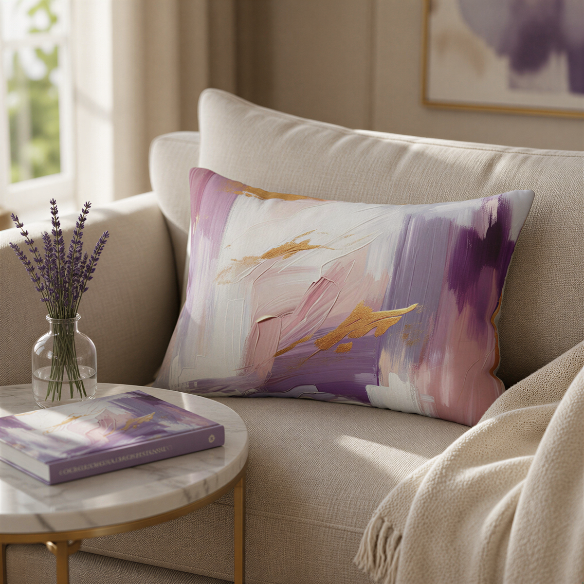 a cozy living room with a beige sofa, a round marble coffee table, and a purple and white abstract pillow. The coffee table has a book and a vase of lavender flowers on it.