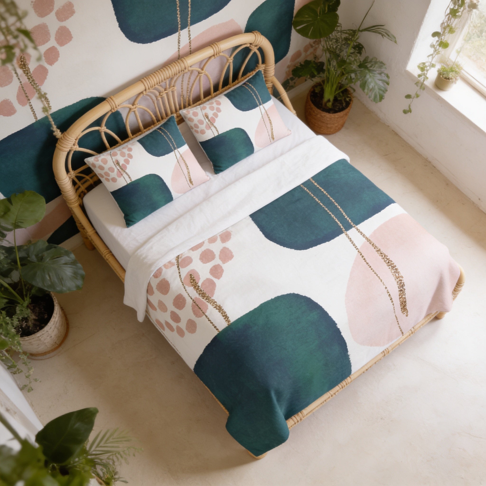a bedroom with a bed featuring a colorful abstract patterned bedspread and pillows. The room is decorated with potted plants and has a minimalist, modern design.