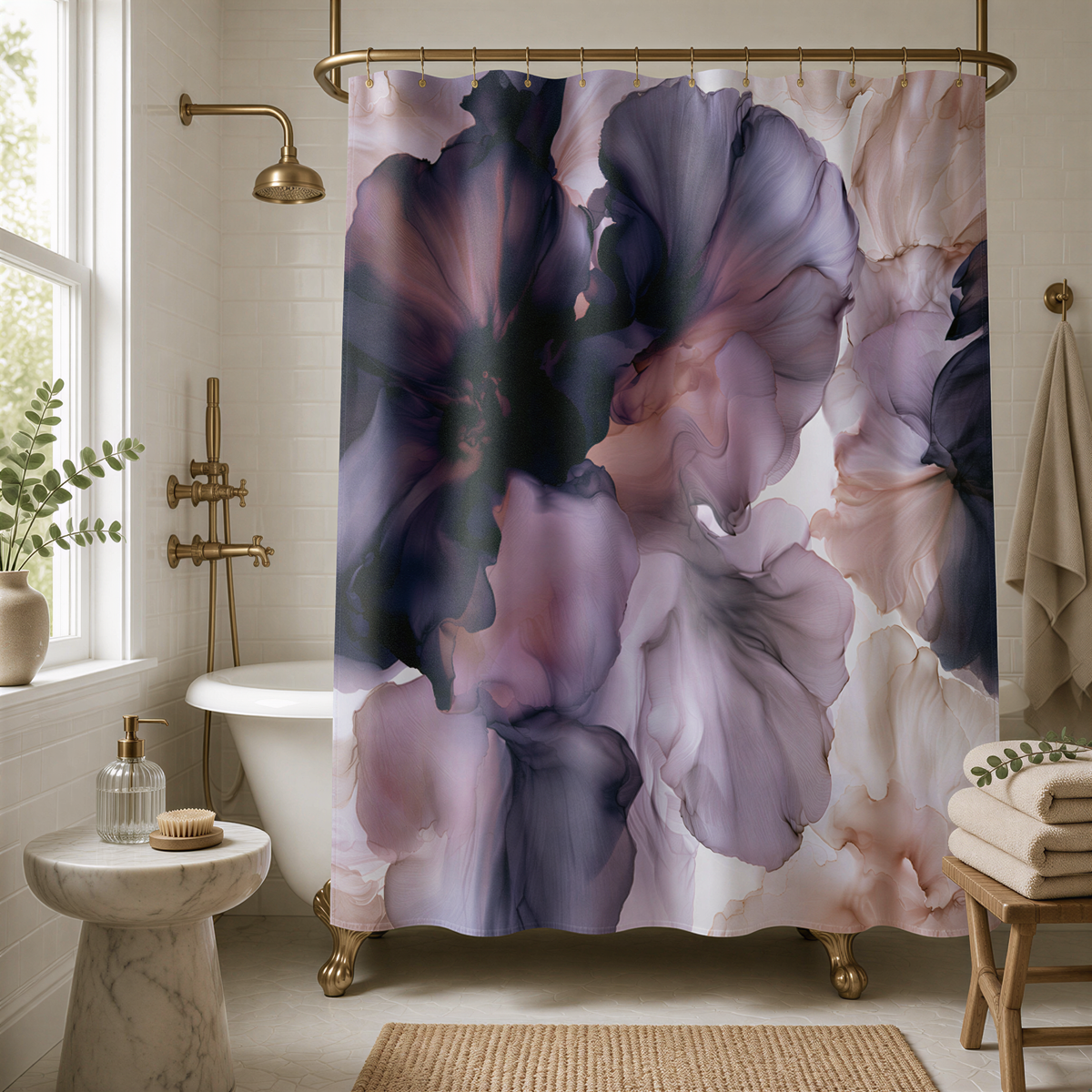 a bath room with a bath tub and a shower curtain