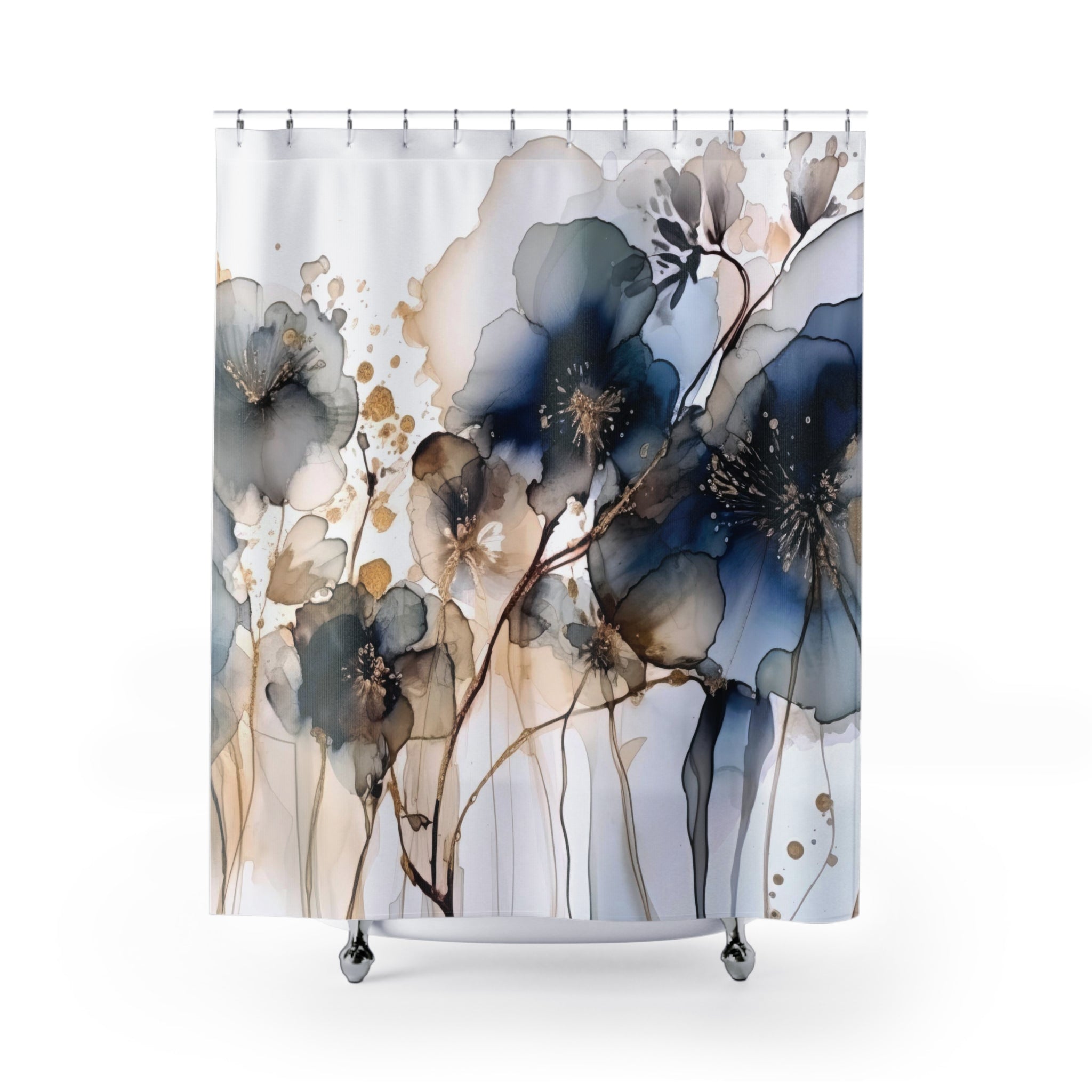 Abstract Floral Shower Curtain | Navy Blue, Beige Ombre