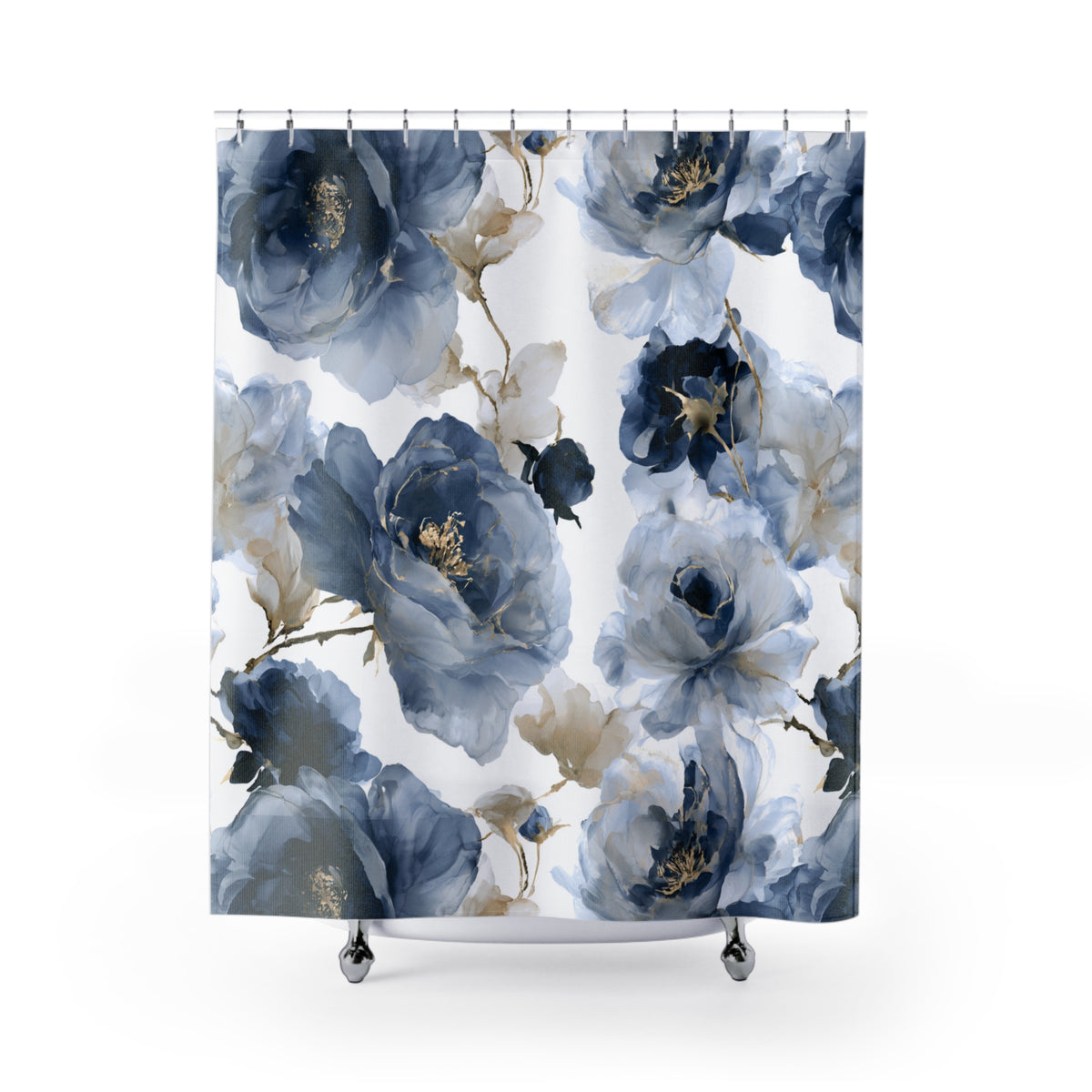 Blue Navy Watercolor Poppy Shower Curtain, Bath Curtain 71x74