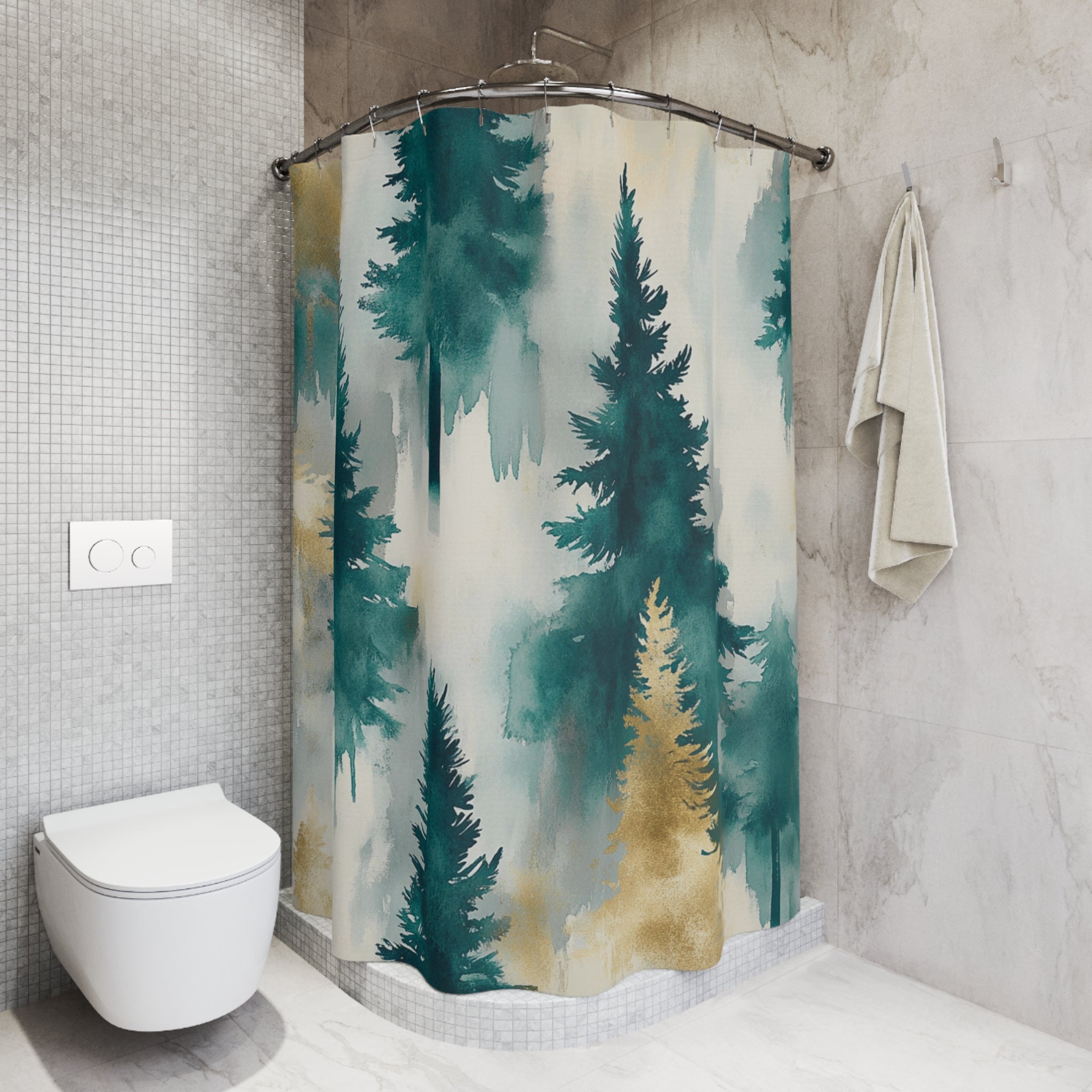 Boho Shower Curtain | Pine Trees Teal Muted Gold Grey