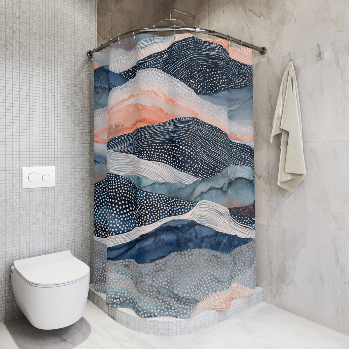 a bathroom with a shower curtain that has a mountain landscape design. The shower curtain is hanging on a rod next to a towel. The bathroom has a white toilet and a white tiled wall.