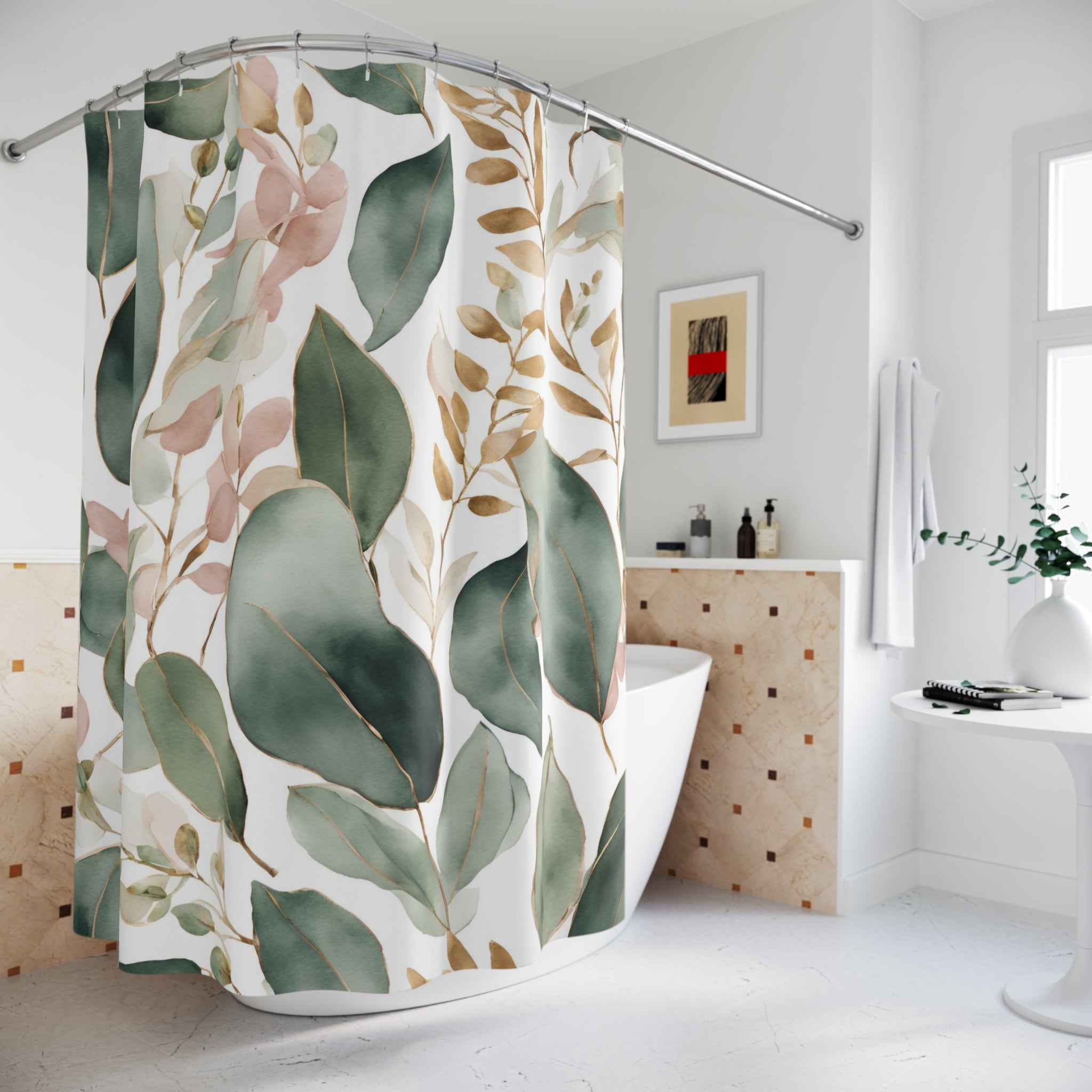 Floral Shower Curtain, Bath Mat | Sage Green, Blush White Watercolor Bathroom Set