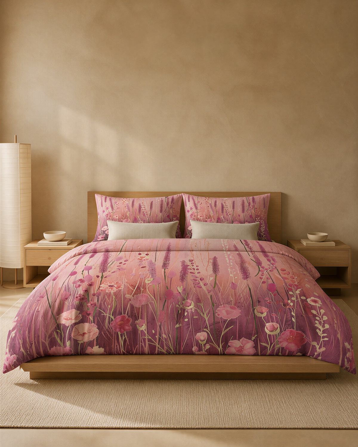 a bedroom with a large bed covered in a floral comforter and pillows. The bed is positioned against a wall, with a nightstand on each side. The room has a neutral color scheme, with a beige wall and a wooden floor.
