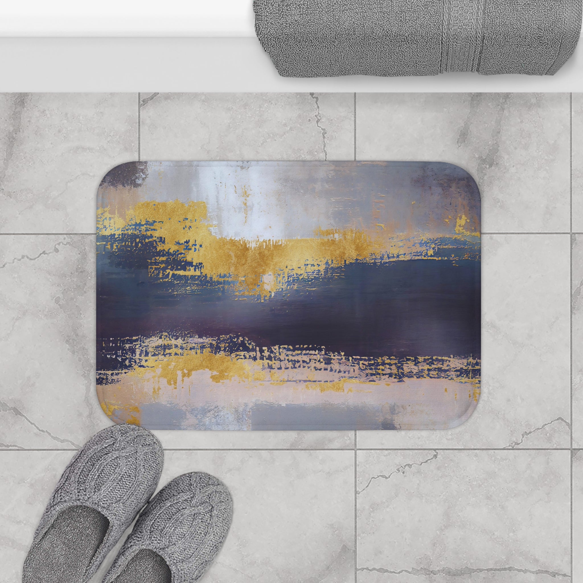 Abstract Bath Mat | Navy Blue, Muted Gold Beige Kitchen Mat